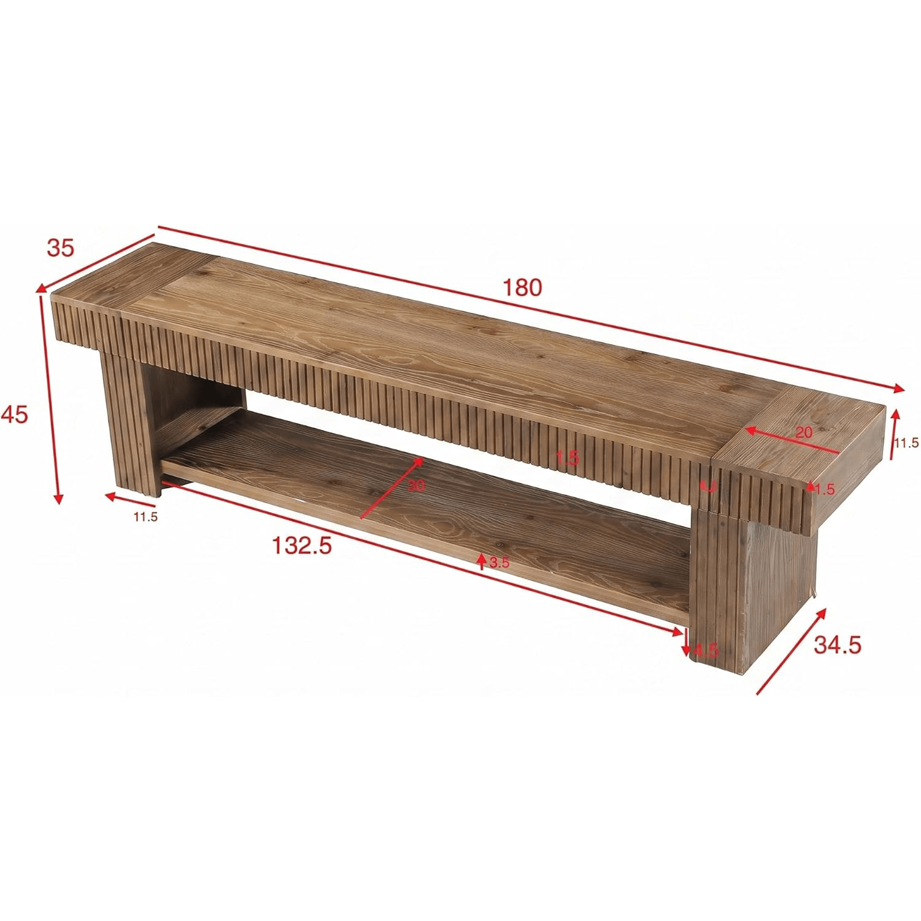 71 Inch Fluted Entryway Bench, Solid Wood Shoe Bench with Storage Shelf for Hallway
