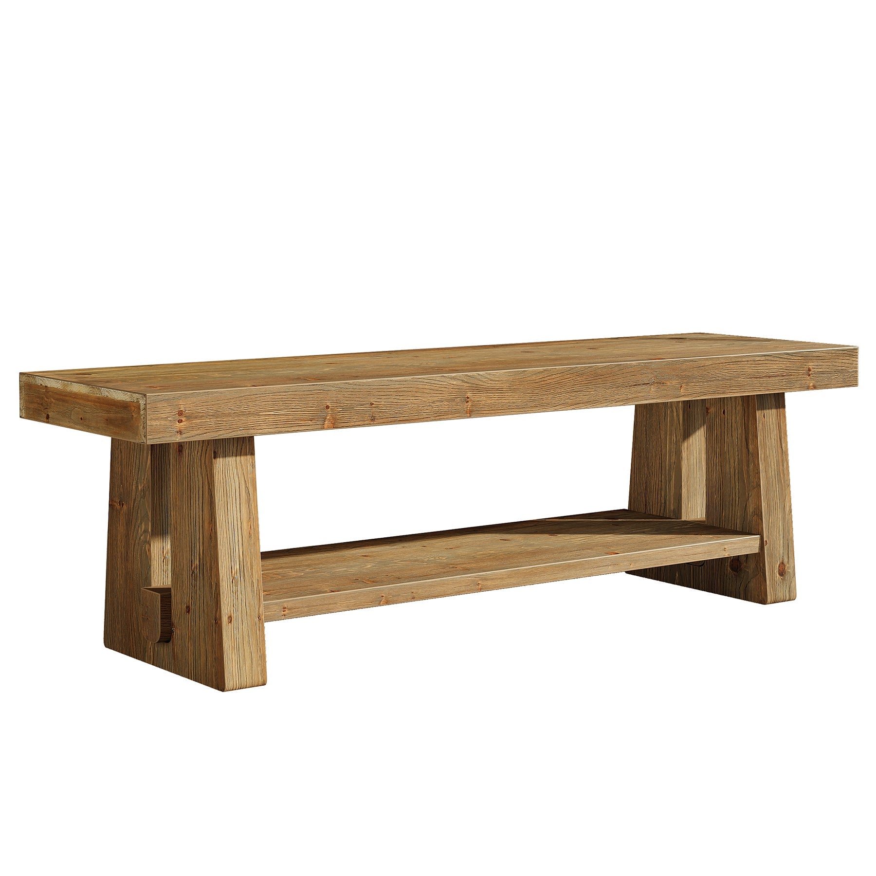 63" Solid Wood Farmhouse Bench with Open Shelves, 2-Tier Shoe Storage Bench for Hallway & Bedroom