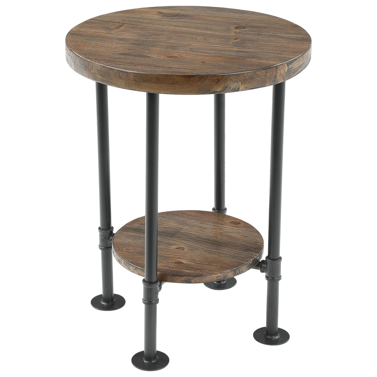 Round End Table, 2-Tier Side Table with Solid Wood Top & Metal Pipe Legs for Living Room