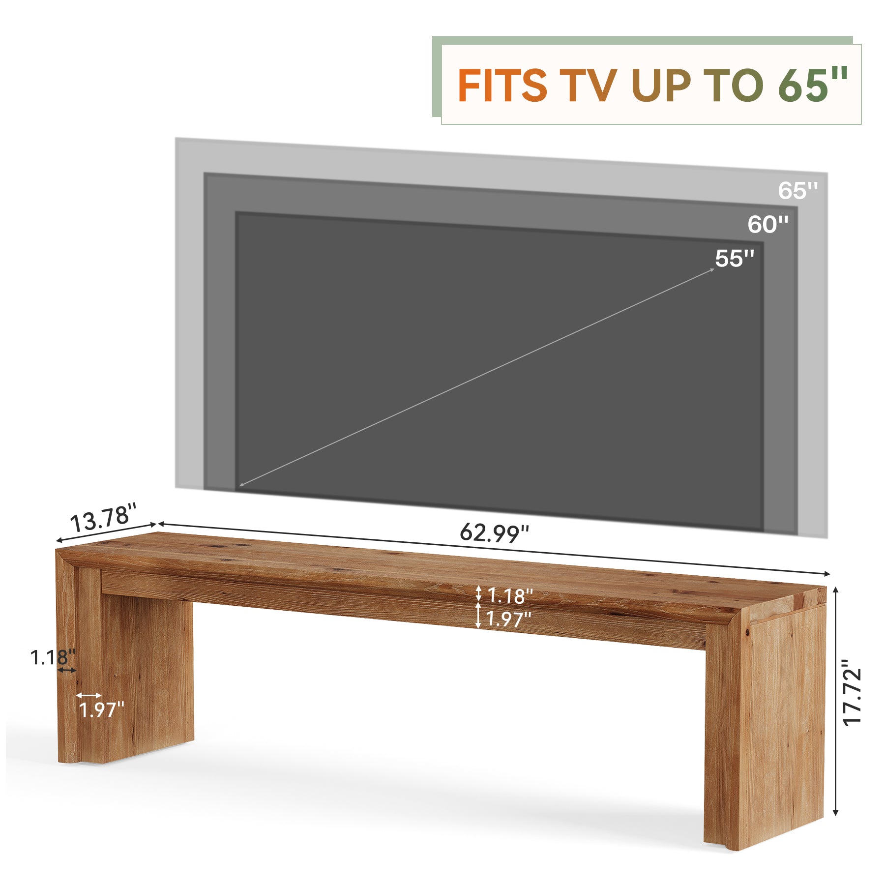 63" Solid Wood TV Stand for 65" TV, Farmhouse  Entertainment Center Low Media Console