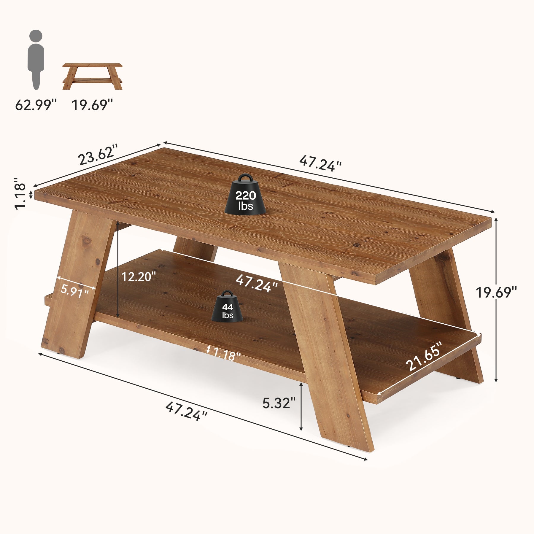 47" Solid Wood Coffee Table, 2-Tier Rectangle Center Table with Storage Shelf for Living Room
