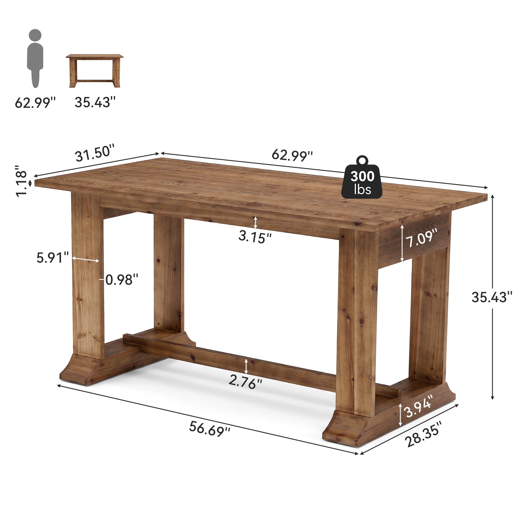 Solid Wood Bar Table, 63" Counter Height Dining Table for Kitchen, Dining Room
