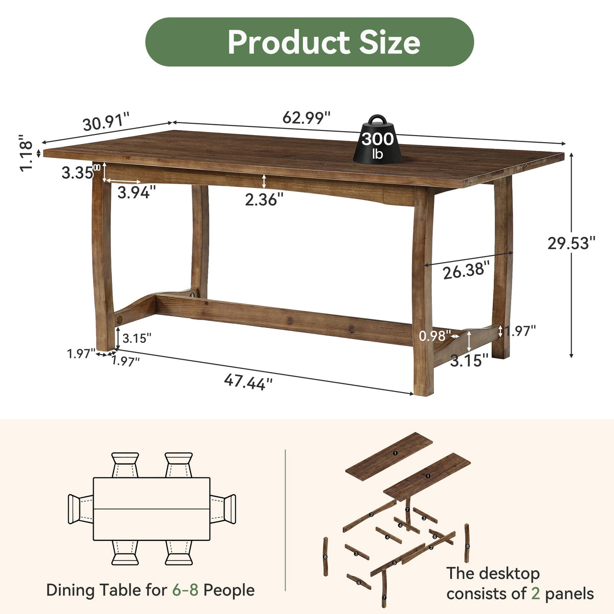 63" Solid Wood Dining Table for 4-6, Rectangle Kitchen Table with Reinforced Trestle Base