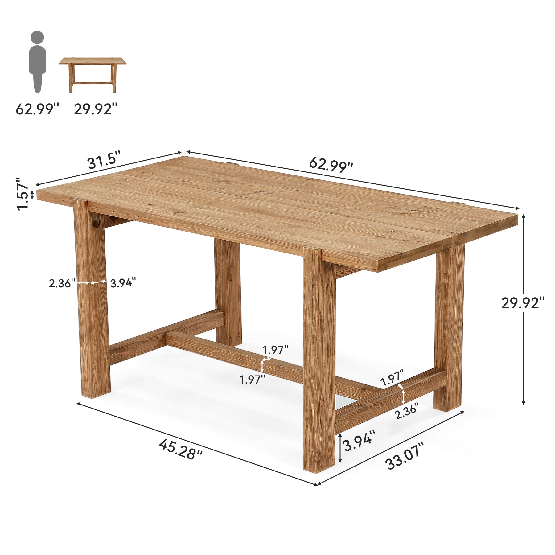 63 Inch Solid Wood Computer Desk, Farmhouse Executive Office Desk for Home Office Workspace