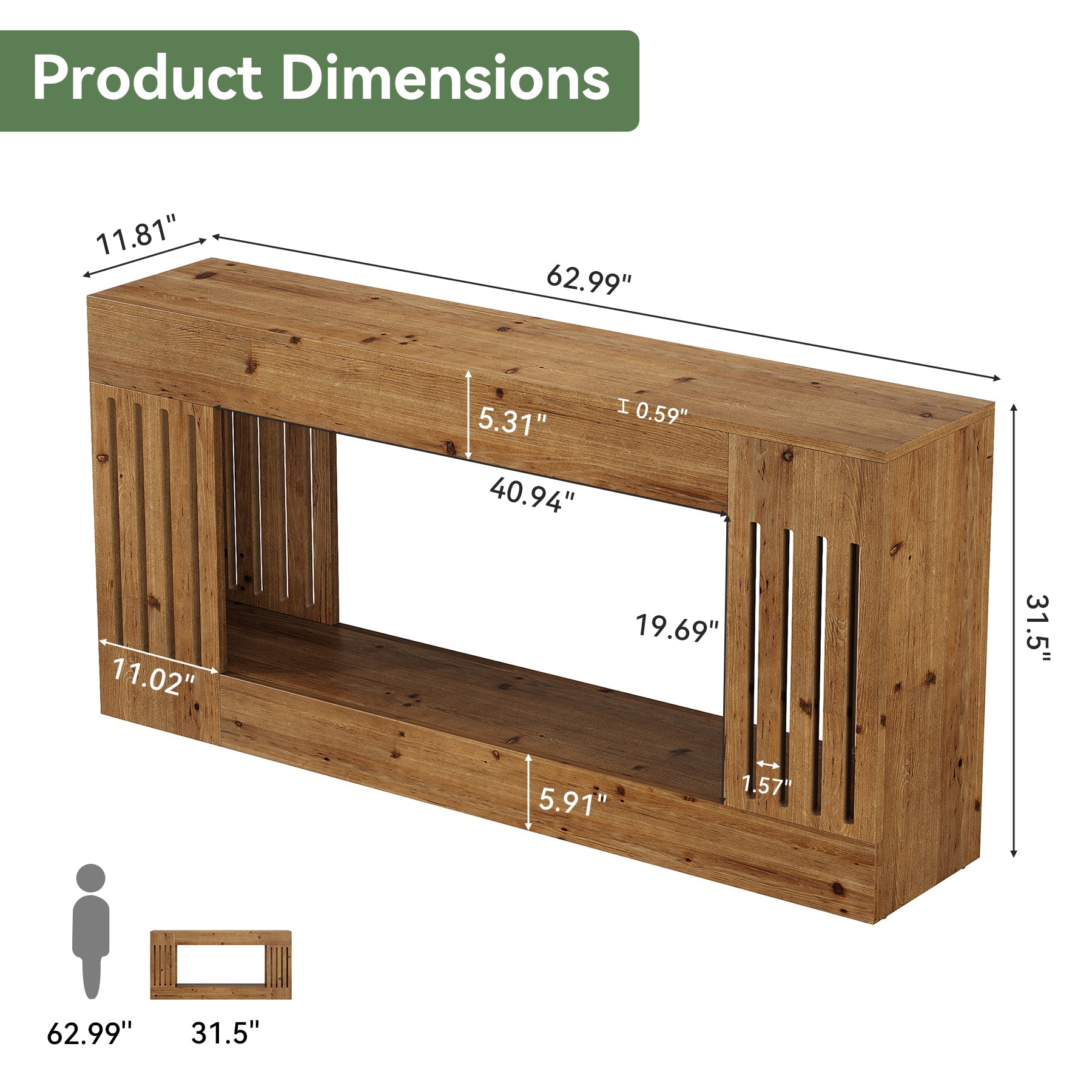 Solid Wood Console Table, 63" Sofa Table Behind Couch with Storage Shelf