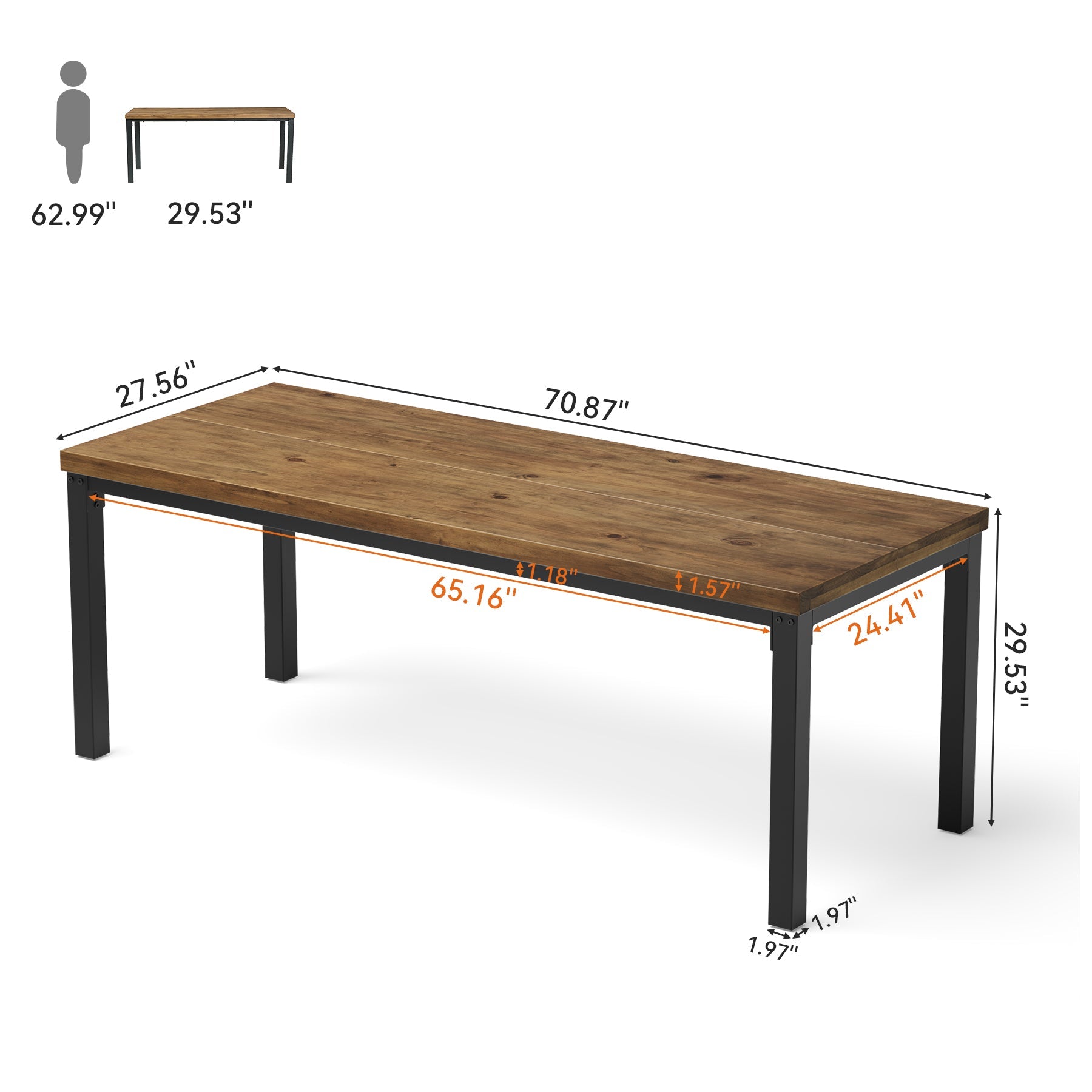 70.9" Computer Desk, Industrial Executive Office Desk with Solid Pine Wood Top
