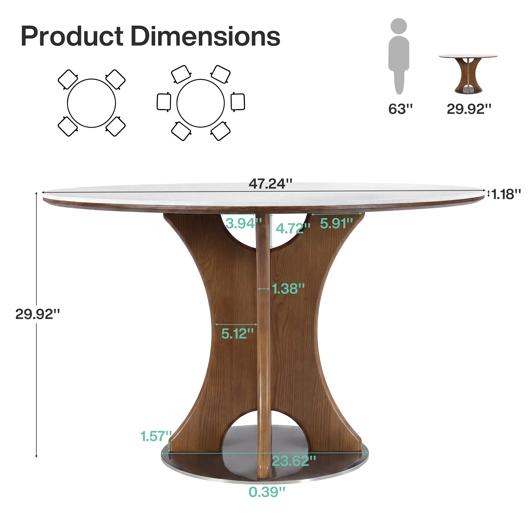 47" Luxury Sintered Stone Dining Table, Solid Wood Round Kitchen Table for 4-6 People