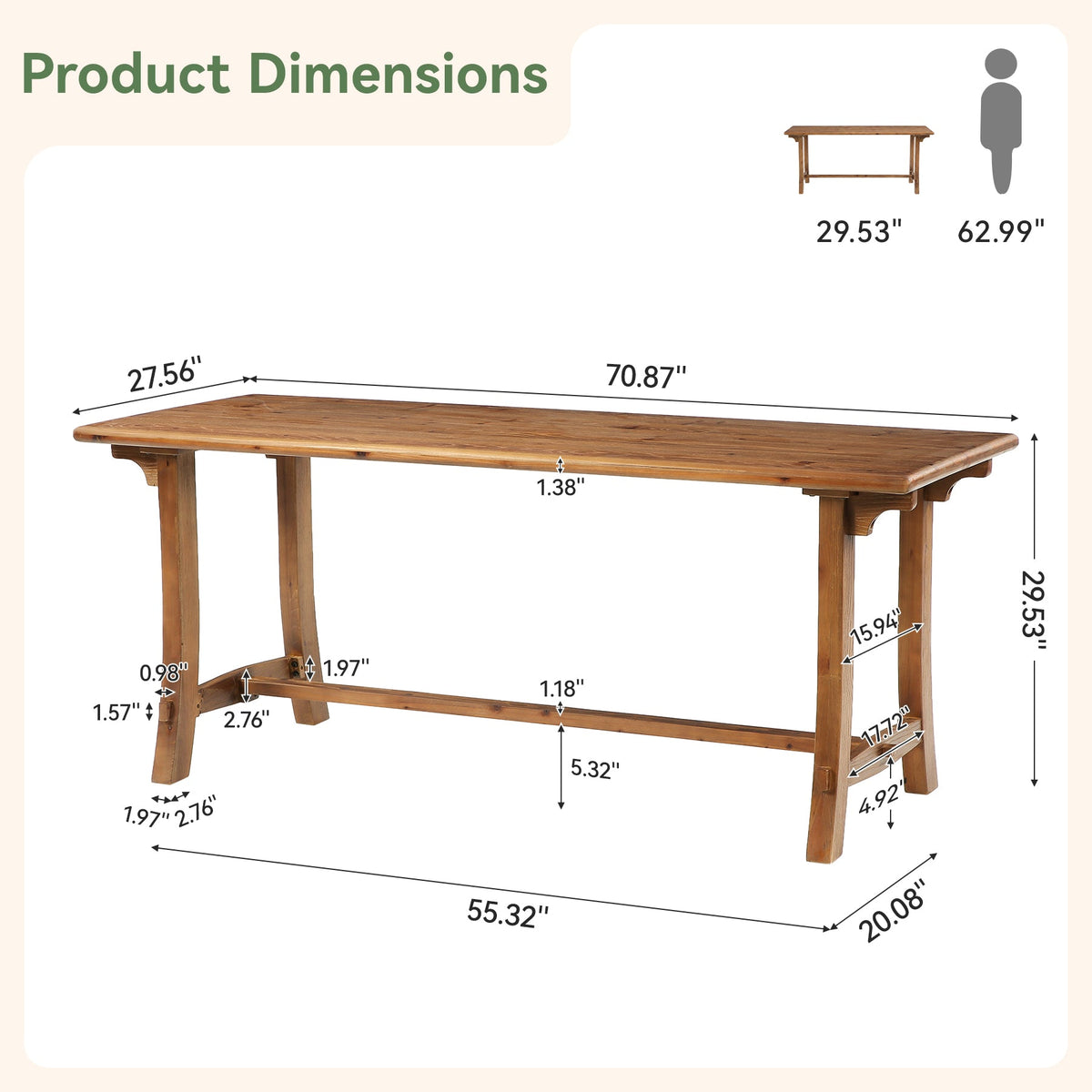 71" Farmhouse Trestle Dining Table for 6-8, Solid Wood Rectangle Kitchen Table
