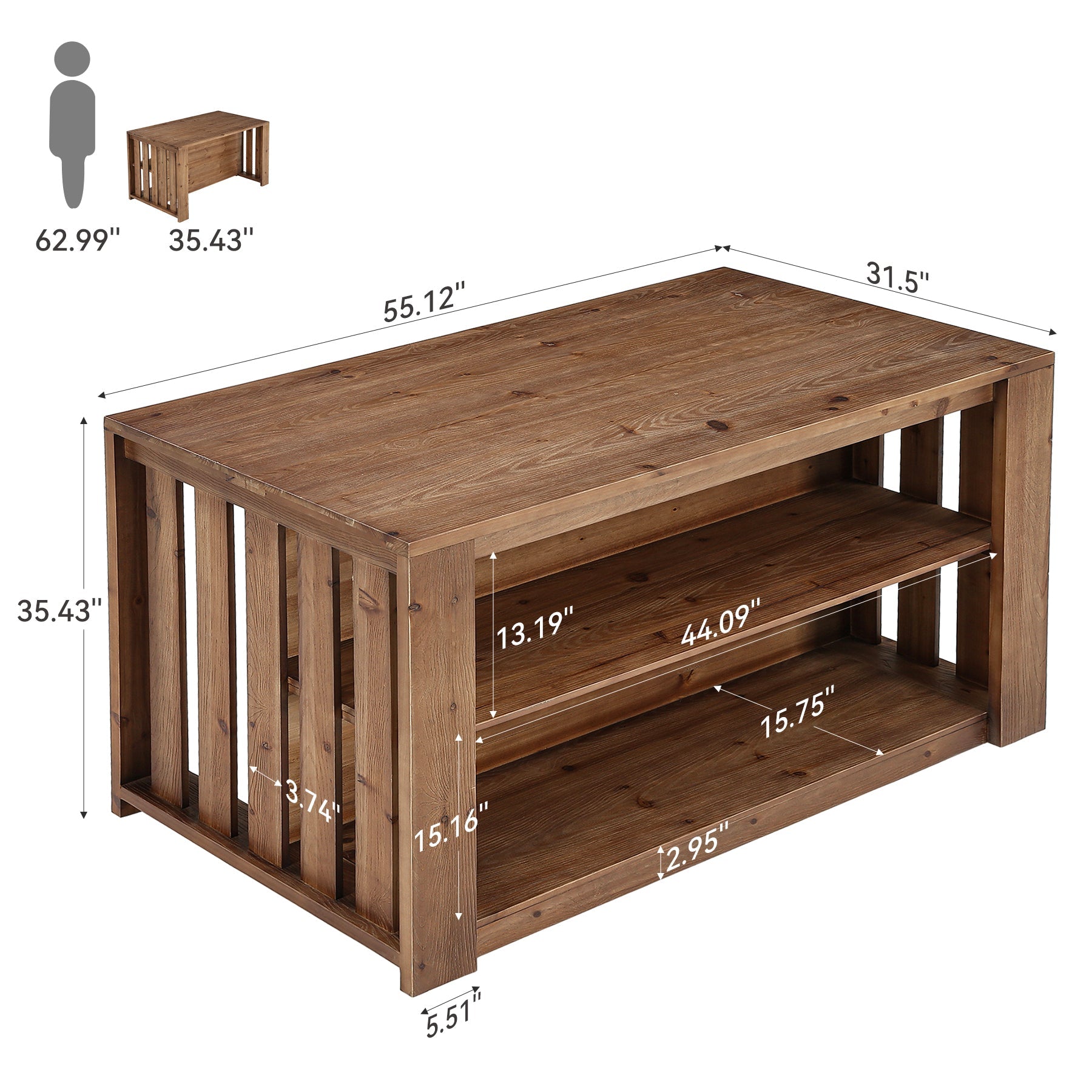 55" Kitchen Island, Solid Wood Stationary Island Table with 2-Tier Storage