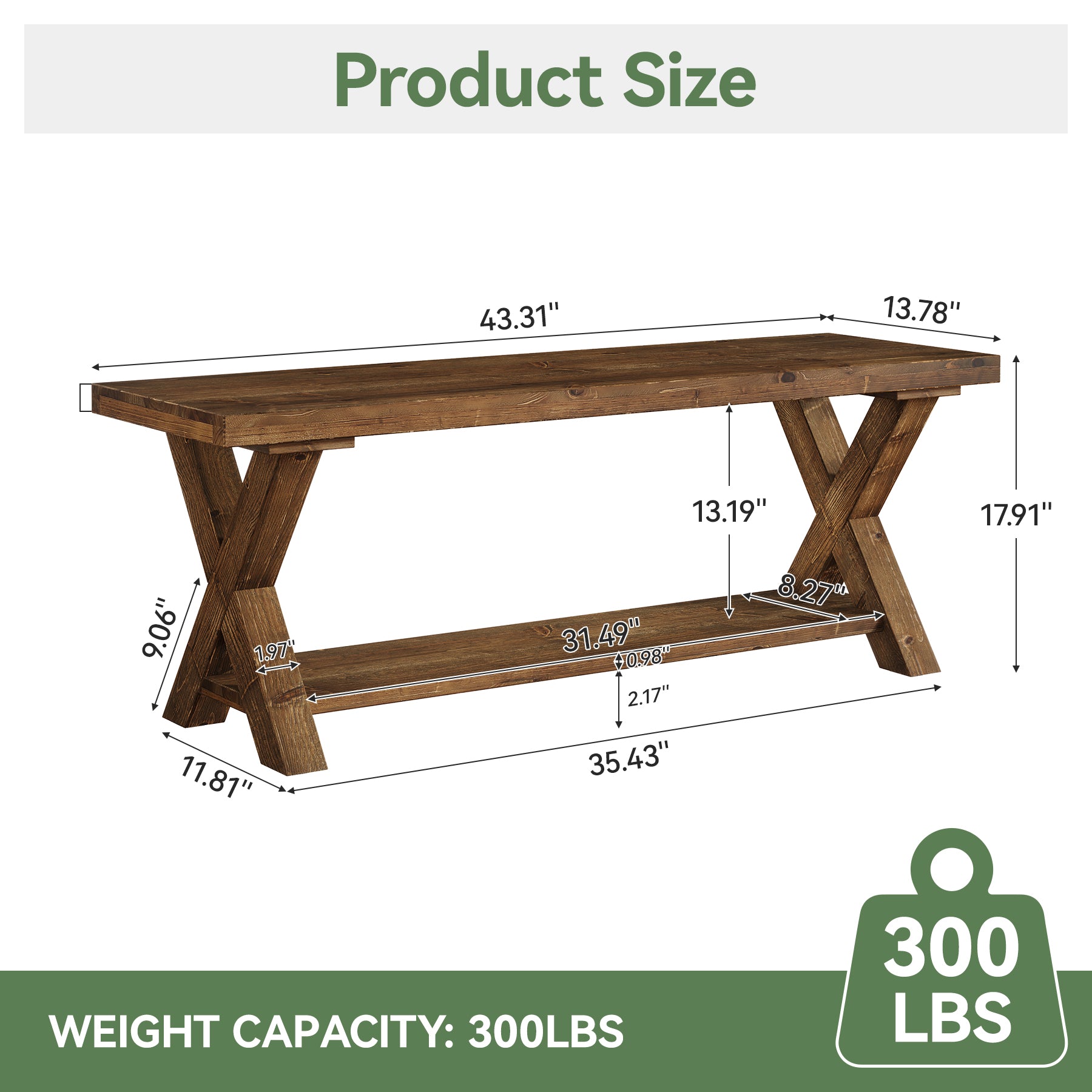 43.3" Solid Wood Bench, Farmhouse Entryway Bench with Storage Shelf