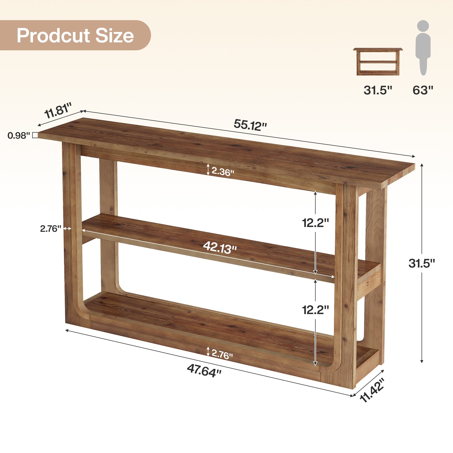 55" Solid Wood Console Table, 3-Tier Farmhouse Accent Sofa Table for Entryway