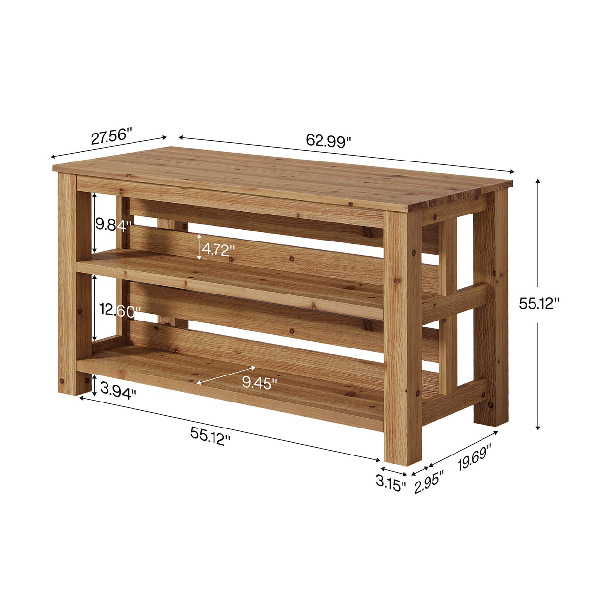 63" Farmhouse Solid Wood Kitchen Island with 3-Tier Open Storage Shelves, Prep Table