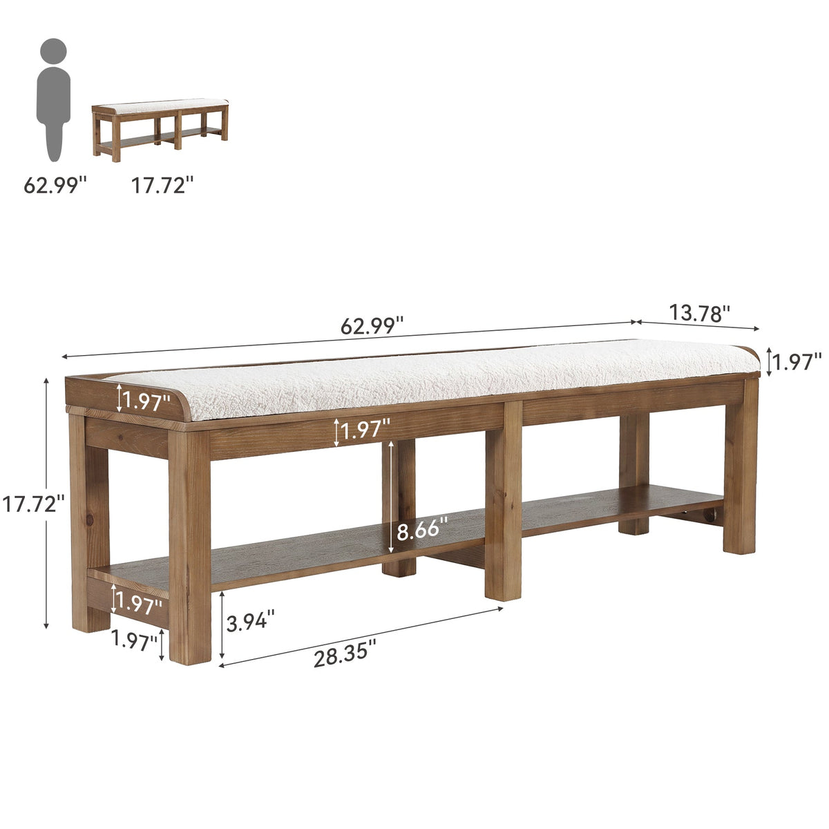 63" Solid Wood Dining Bench, Upholstered Kitchen Bench with Lower shelf
