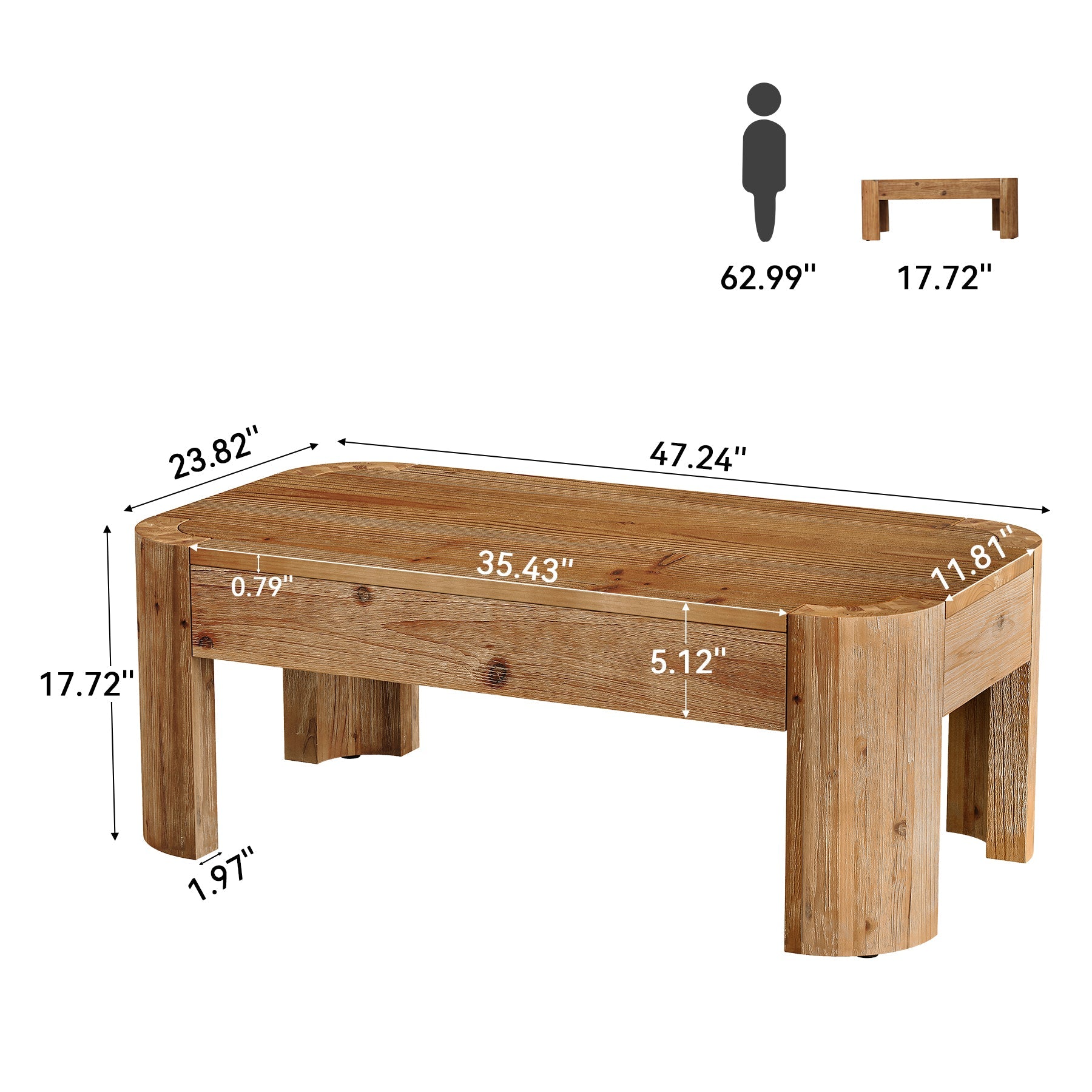 47.24" Solid Wood Coffee Table, Rectangular Center Table with Rounded Corners for Living Room
