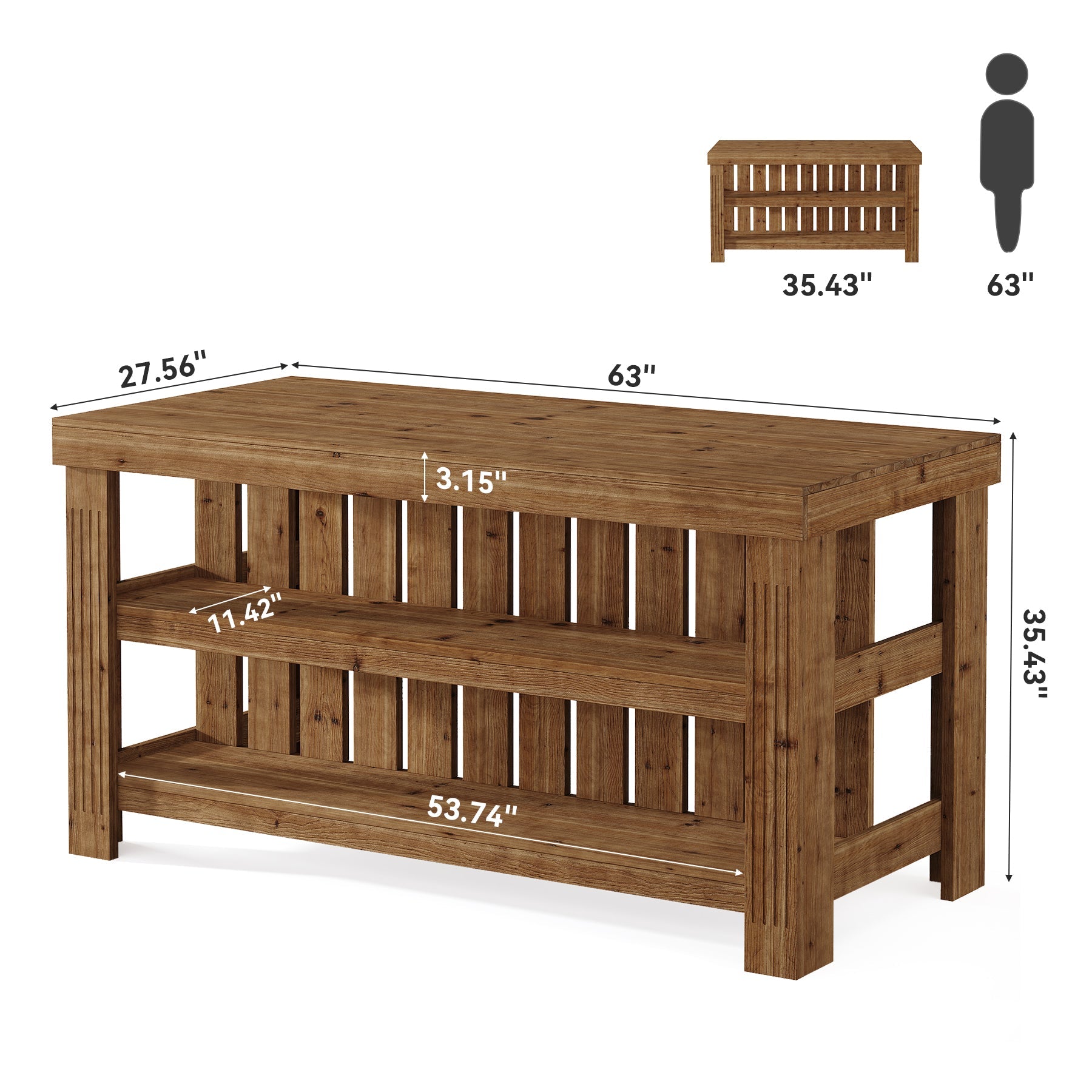 63" Solid Wood Bar Table, 3-Tier High Top Table with Large Rectangle Worktop