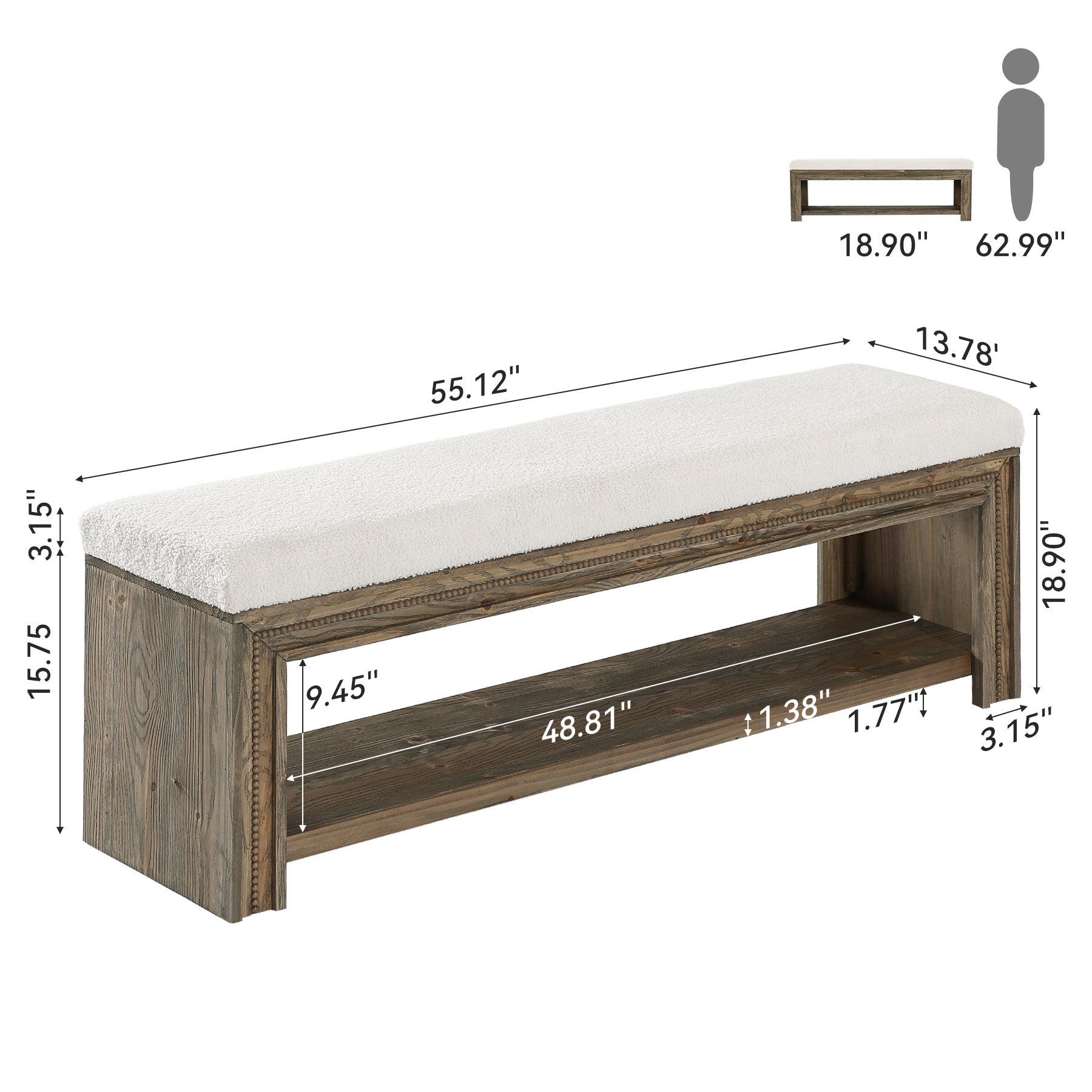 Solid Wood End of Bed Bench, 55.12" Upholstered Bed Bench with Storage for Bedroom