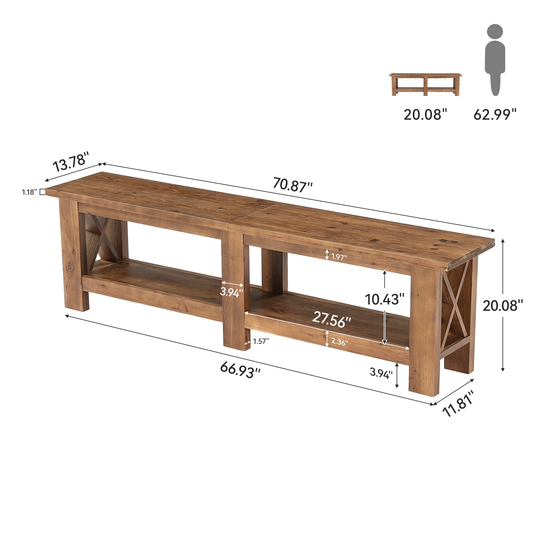 70.87" Solid Wood Entryway Shoe Bench, Farmhouse End of Bed Bench with Storage