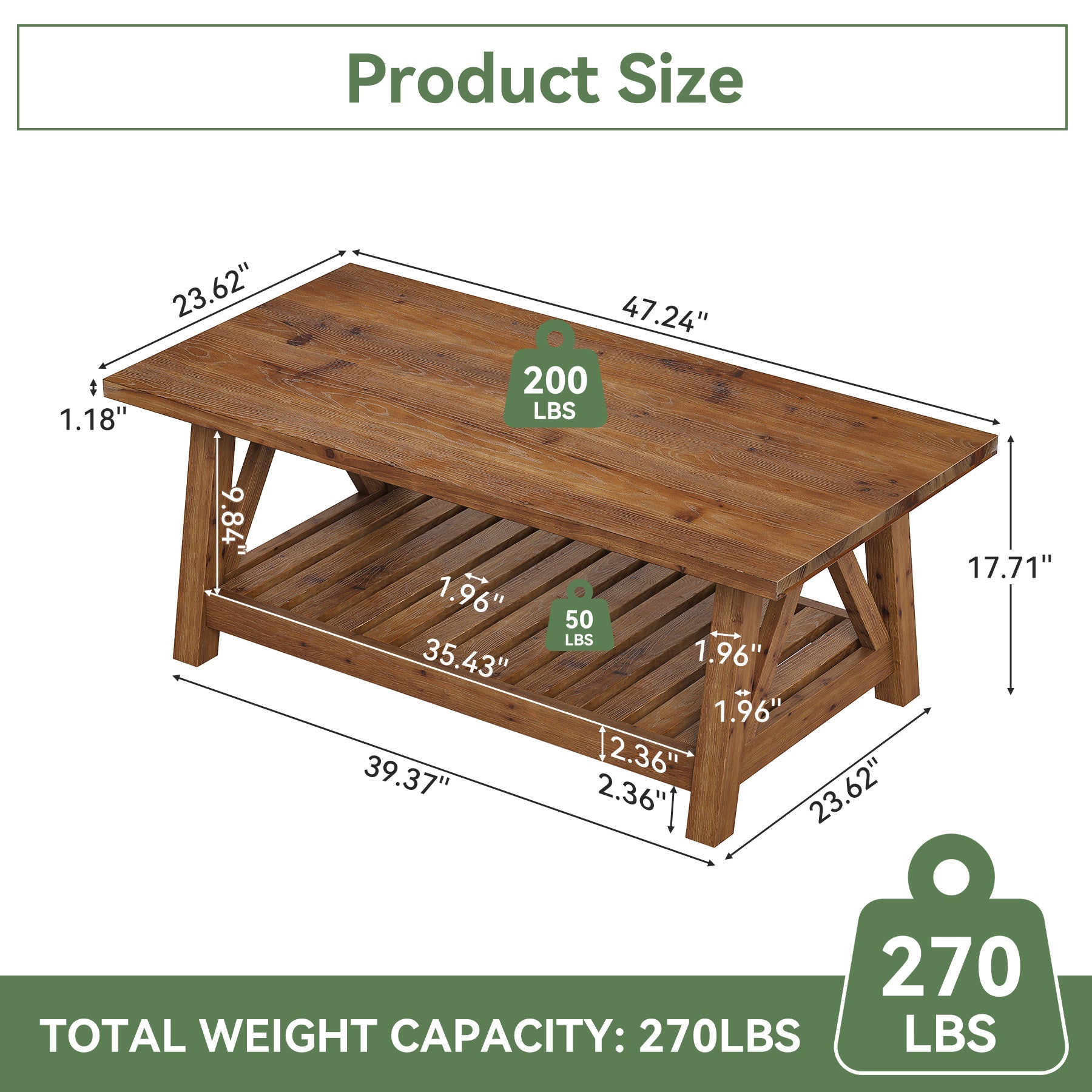 47.24" Farmhouse Solid Wood Coffee Table, Rectangle Center Table with Shelf for Living Room