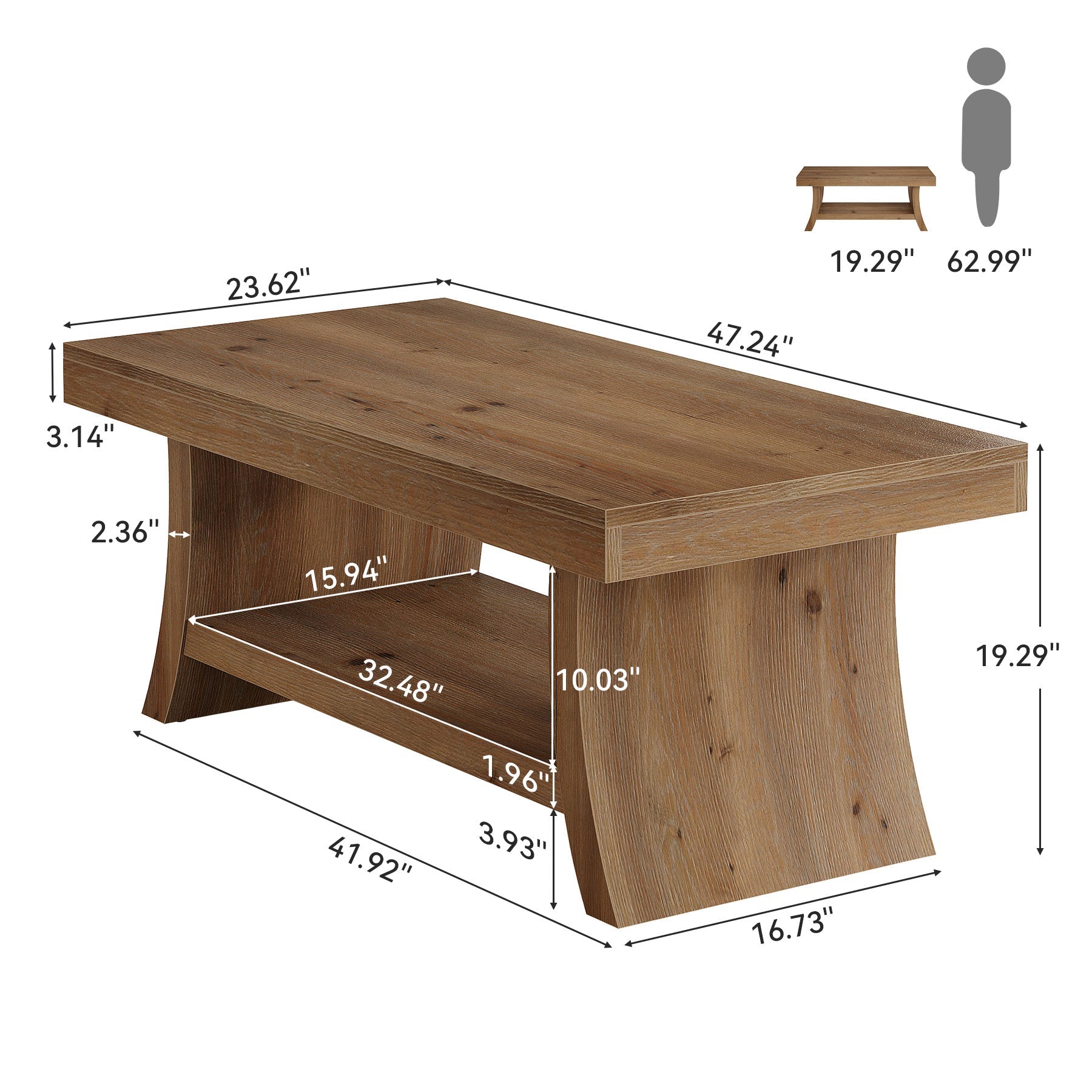 Solid Wood Coffee Table with Storage Shelf, 47.2" Center Table with Curved Base