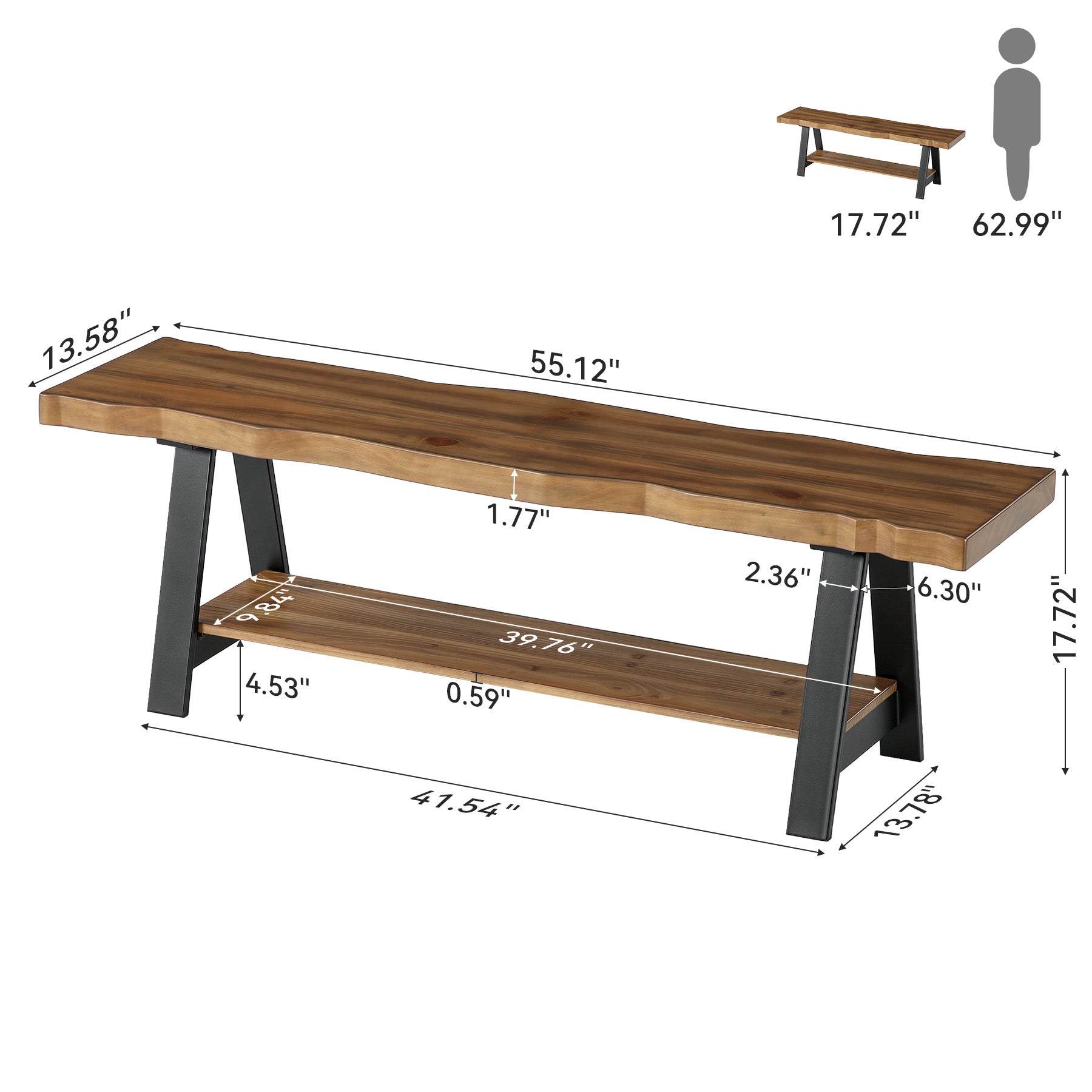 55" Solid Wood Entryway Bench, Farmhouse Shoe Bench with Under Storage Shelf