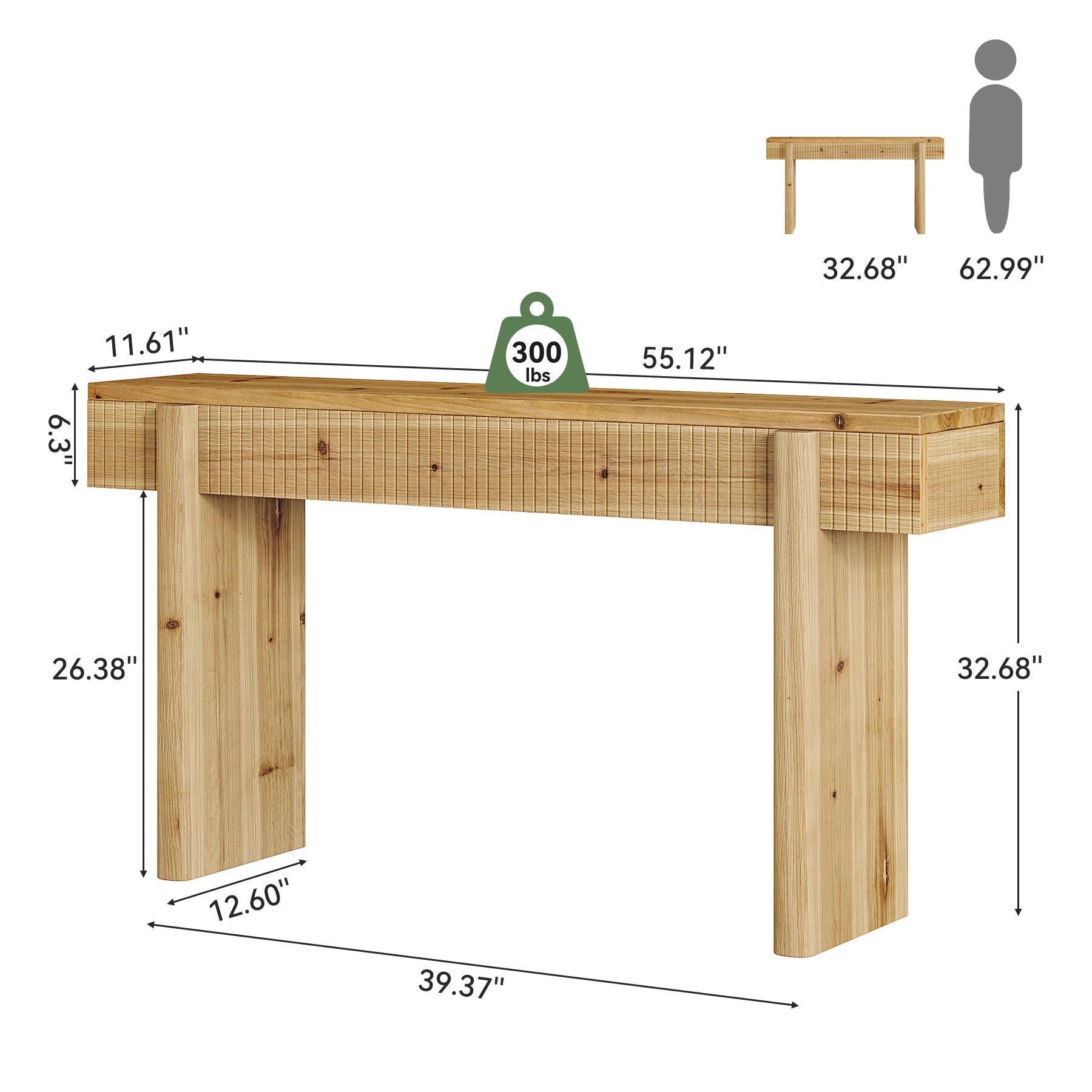 55" Solid Wood Rustic Console Table, Farmhouse Entryway Table Behind Couch for Living Room
