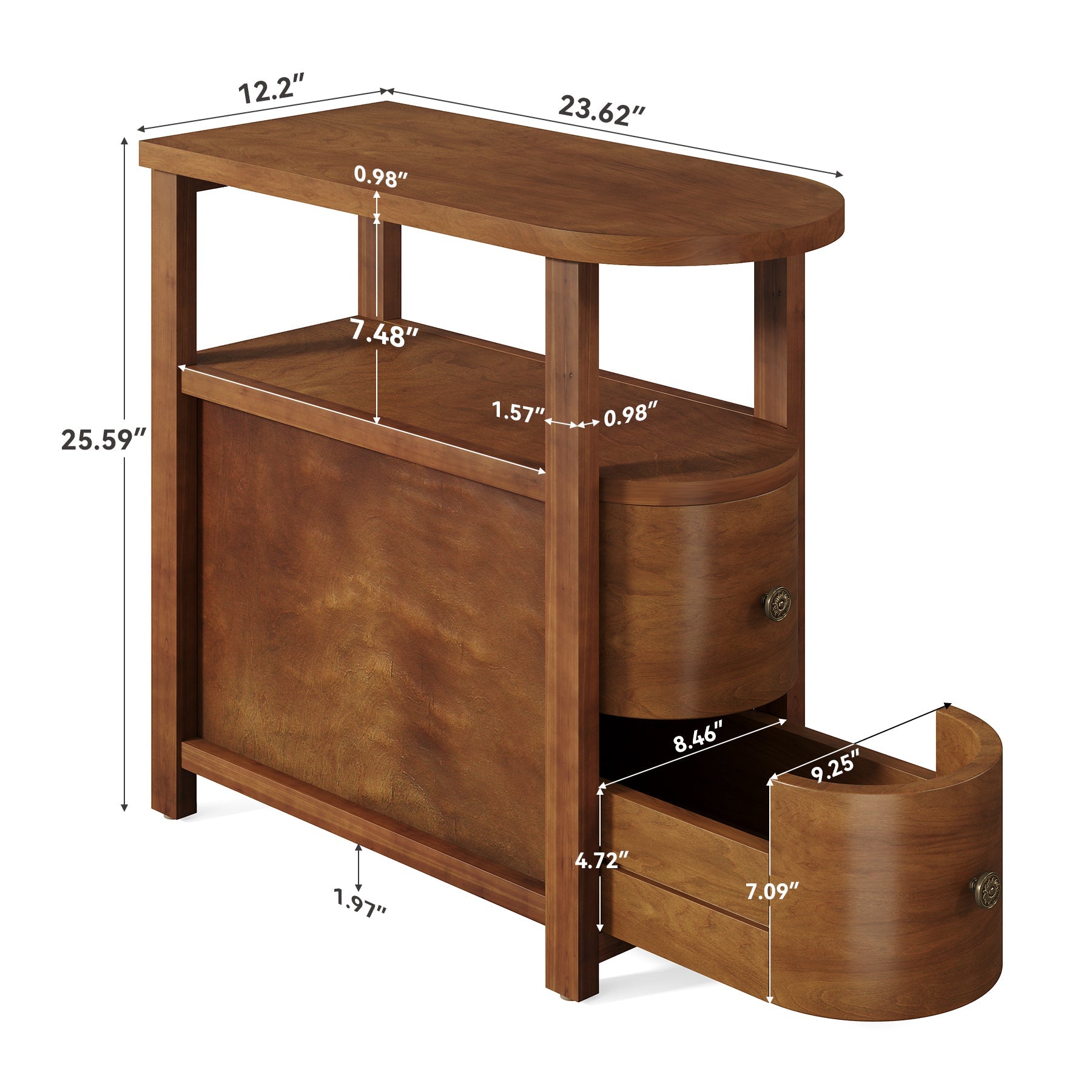 Solid Wood End Table, Slim Side Table with 2 Drawers & Open Shelf