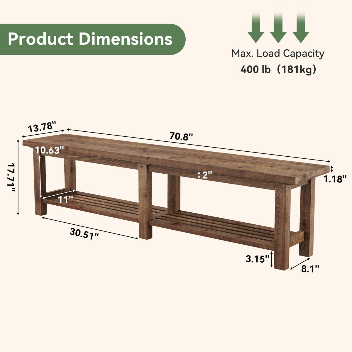 71" Solid Wood Entryway Bench, 2-Tier Shoe Bench End-of-Bed Bench with Open Storage