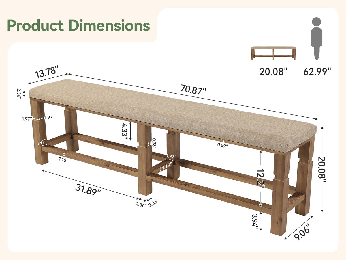 70.87" Upholstered Solid Wood Dining Bench with Linen Fabric Cushion