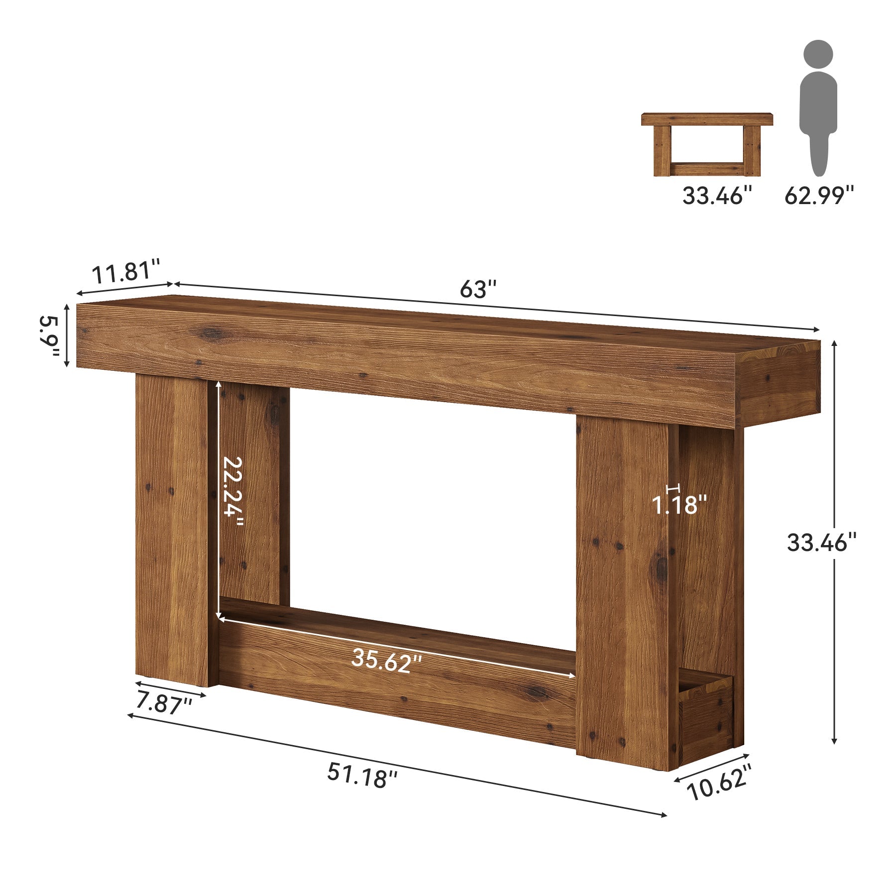 2-Tier Solid Wood Console Table, 63" Entryway Table with U-Shaped Base