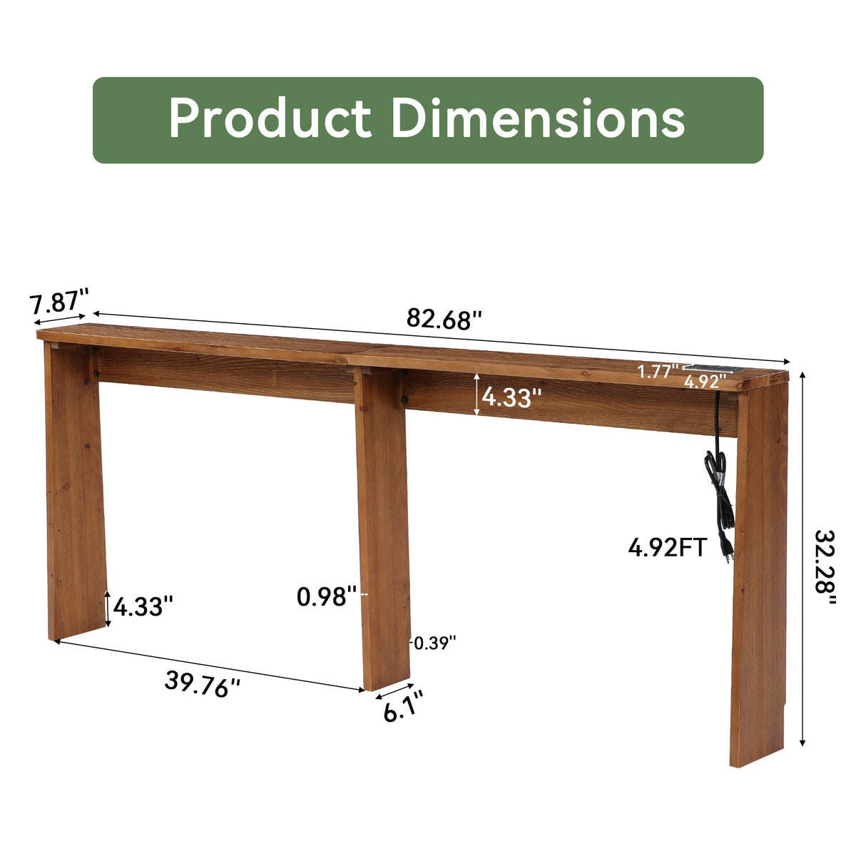 82.7" Narrow Solid Wood Sofa Table Behind Couch with Power Outlets and USB Ports