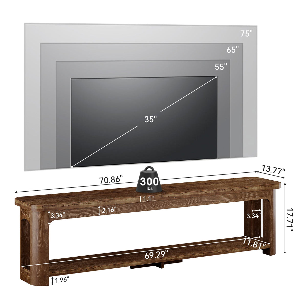 71 Inch Solid Wood TV Stand with Open Storage Shelf, Farmhouse Media Console for Living Room
