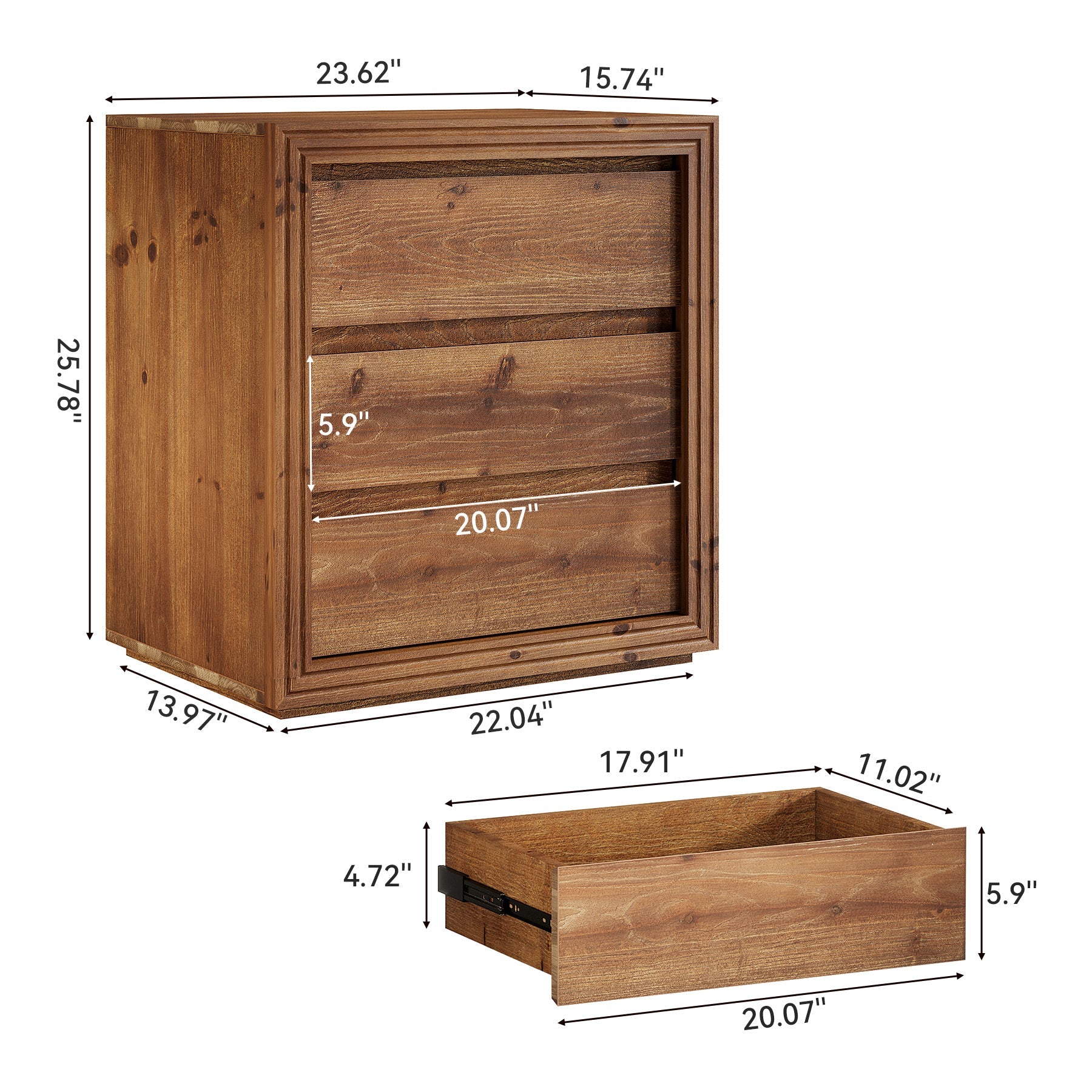 Solid Wood Farmhouse Nightstand, 3-Drawer 23.62"  Bedside Table with Storage