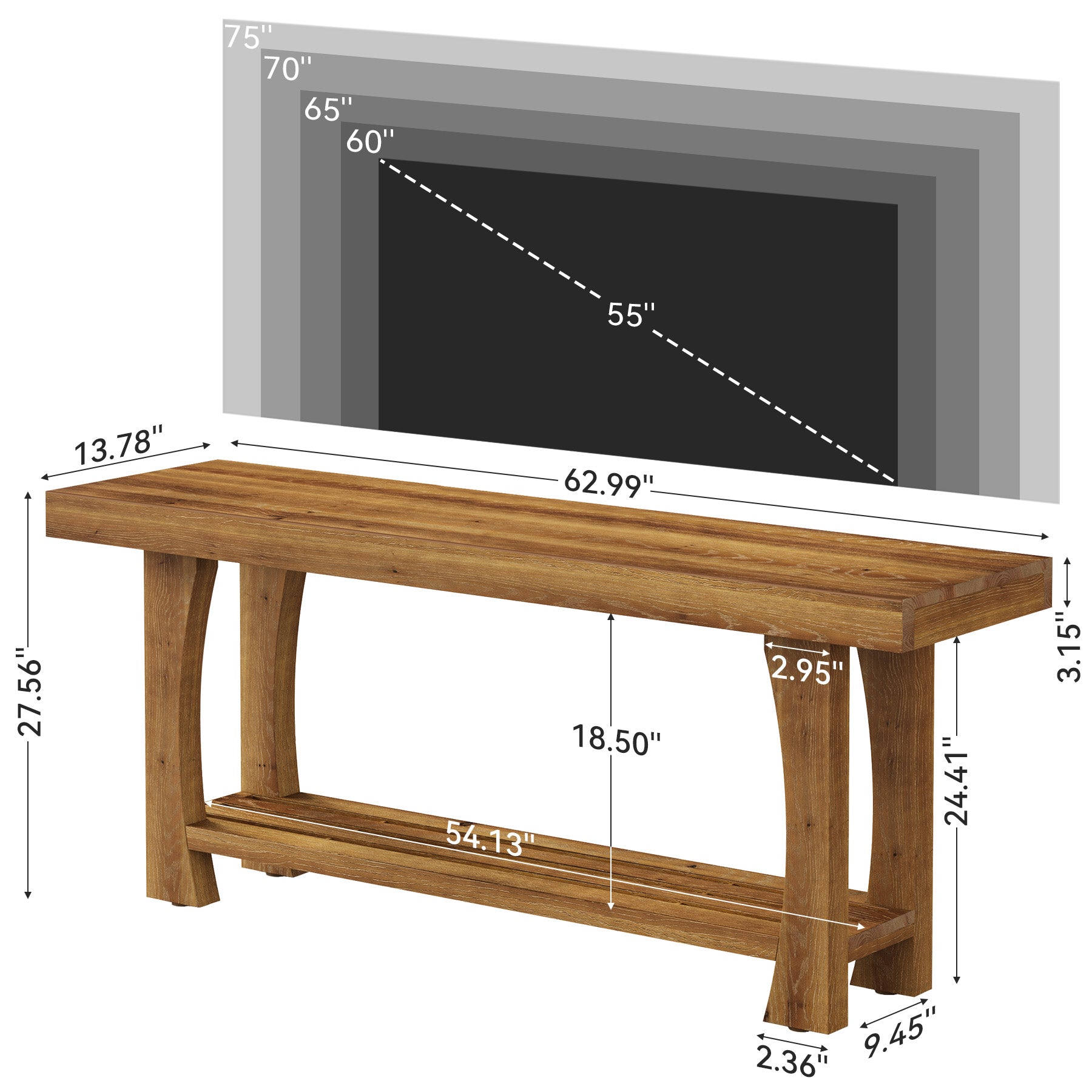 Solid Wood TV Stand, Farmhouse Media Console Table with 2-Tier Open Shelves