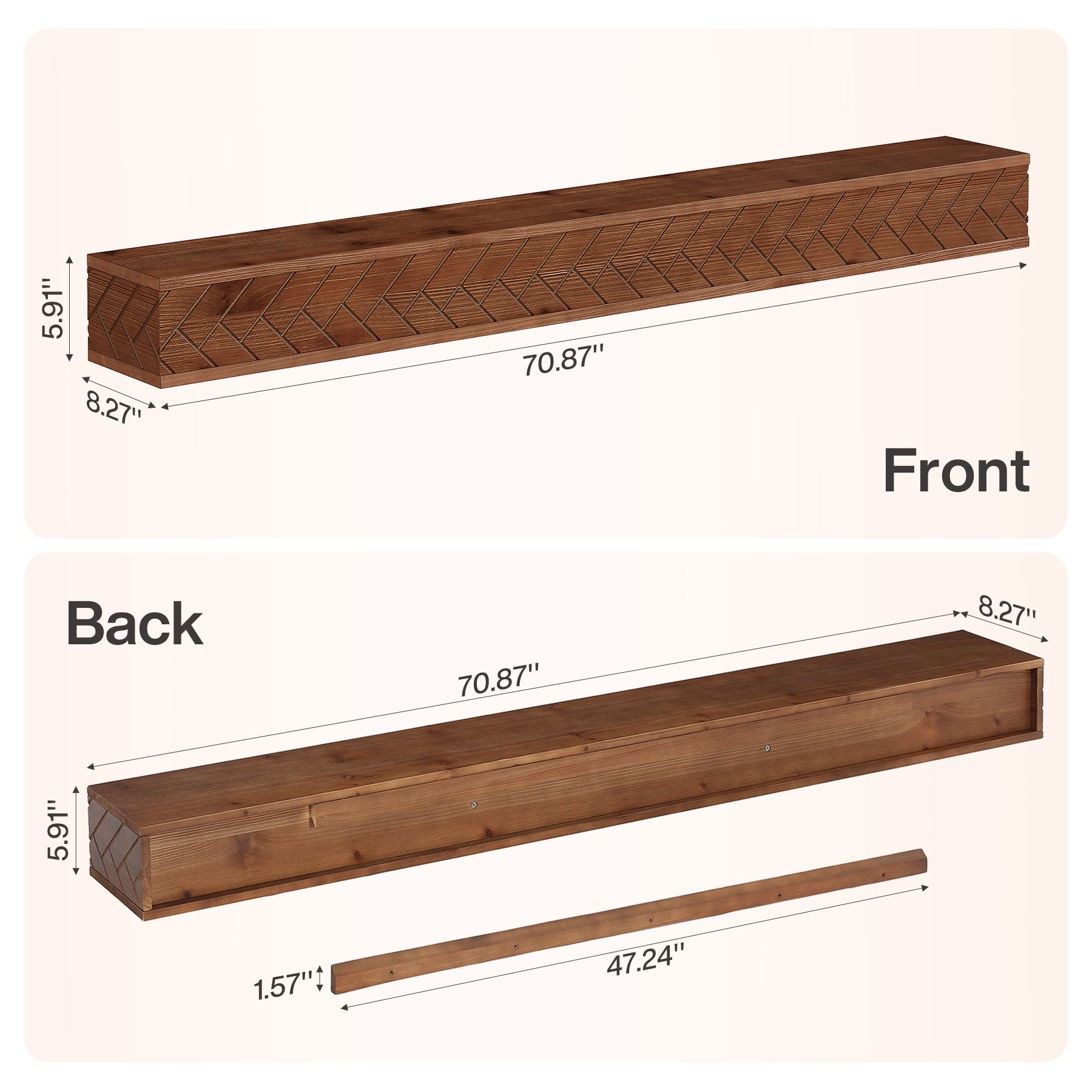 Tribesigns 70.9 Inch Solid Wood Floating Shelf, Hand-Carved Herringbone Wall Display Shelf with Hidden Bracket for Living Room