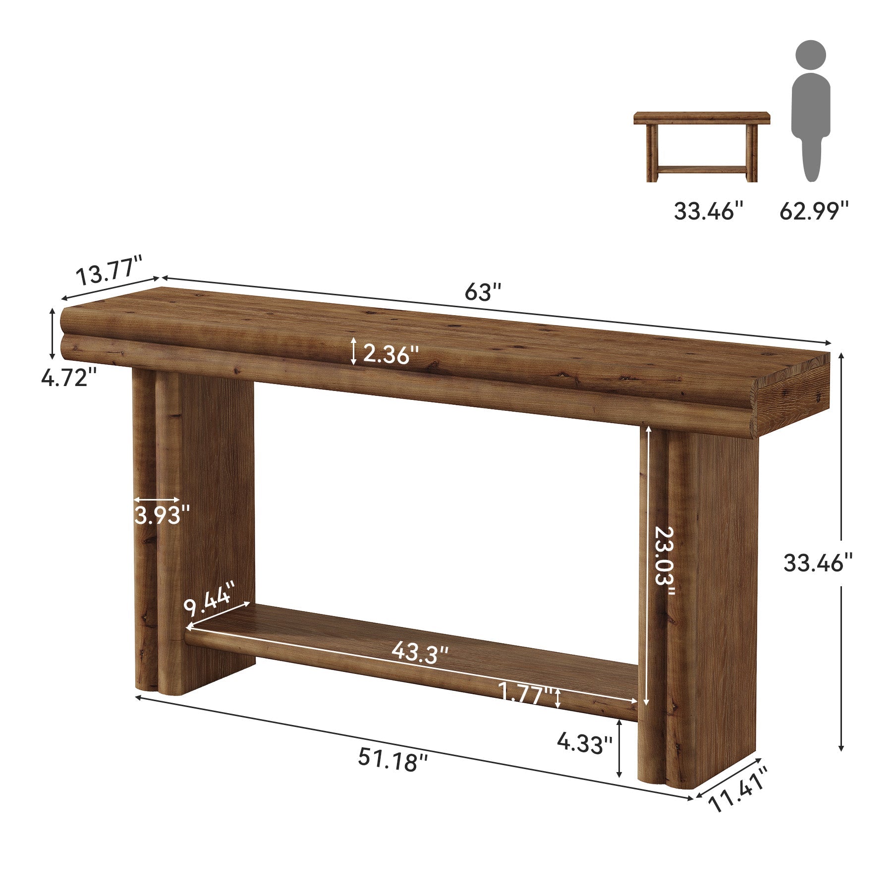 63" Solid Wood Console Table, 2-Tier Farmhouse Entryway Table with Storage Shelf