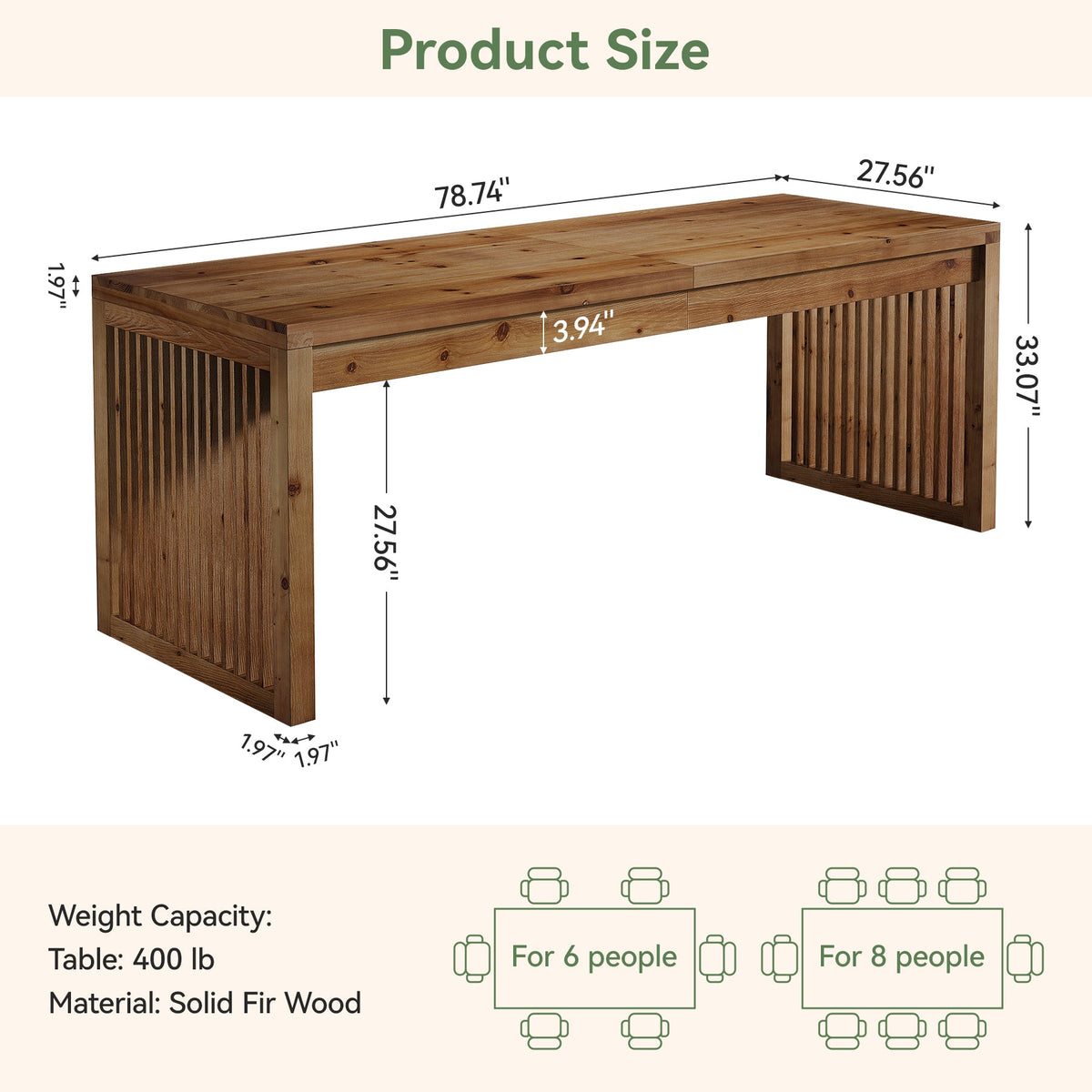 79" Solid Wood Dining Table, Rectangular Kitchen Table with Slat Legs for 6-8 People