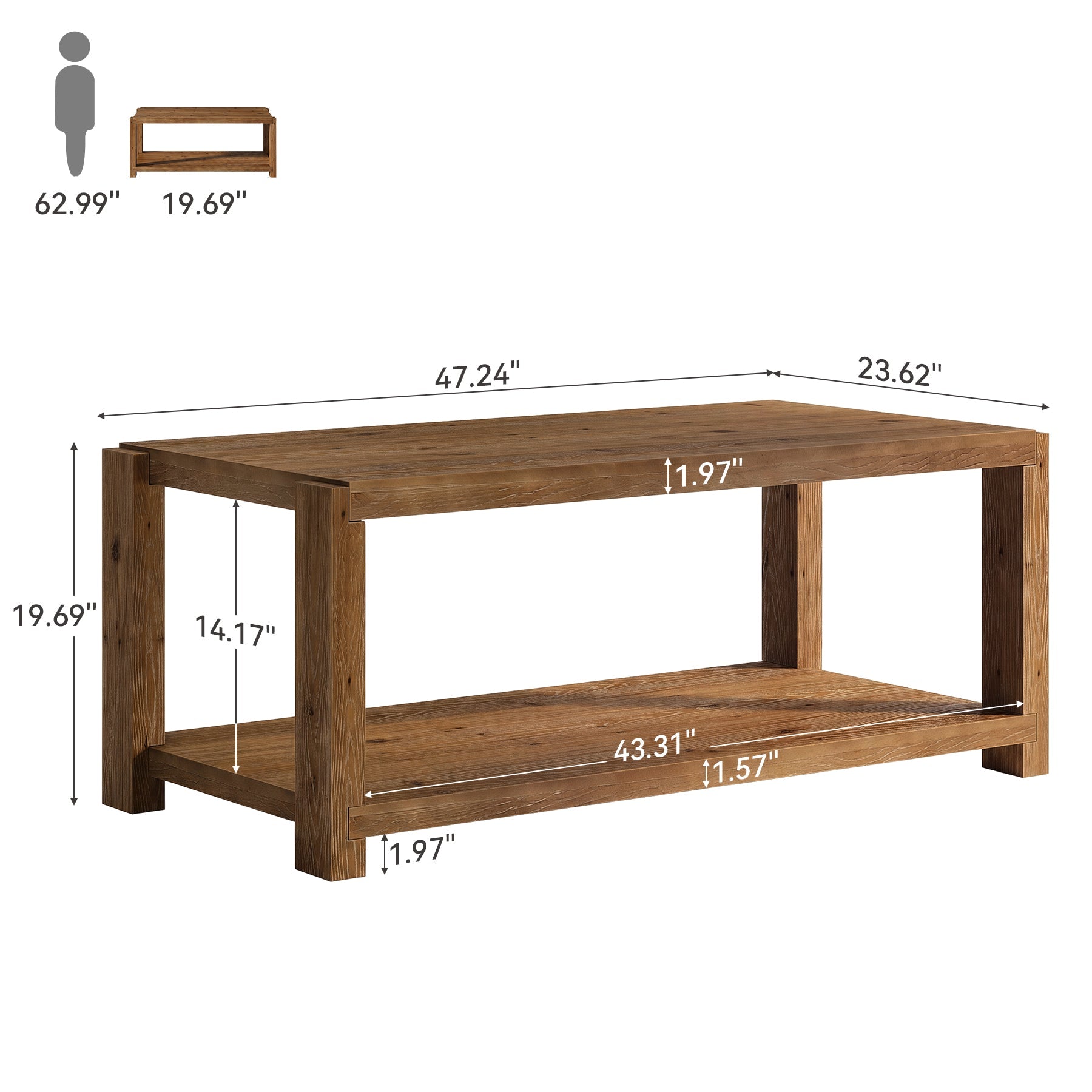 47" Farmhouse Solid Wood Coffee Table, Rectangular Cocktail Table with 2-Tier Open Shelf
