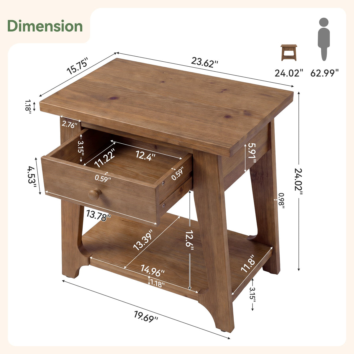 Solid Wood End Table, Narrow Side Table with Drawer & Open Shelf for Small Spaces