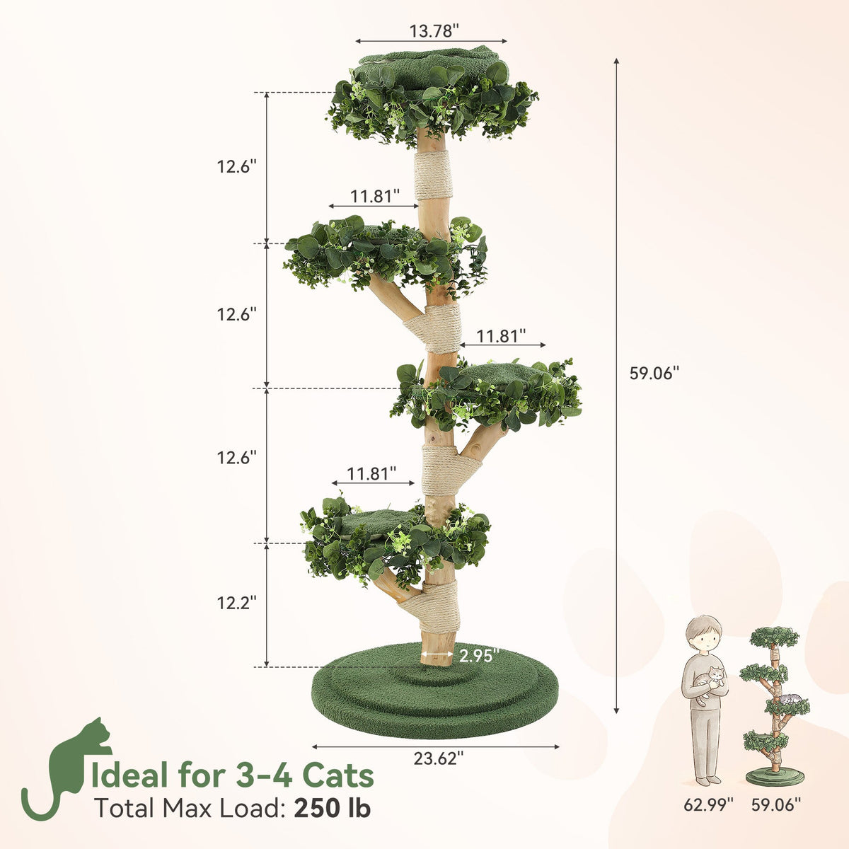 Solid Wood Cat Tree, 59.06" Tall Cat Tower with Sisal Scratching Posts, Washable & Removable Cushions