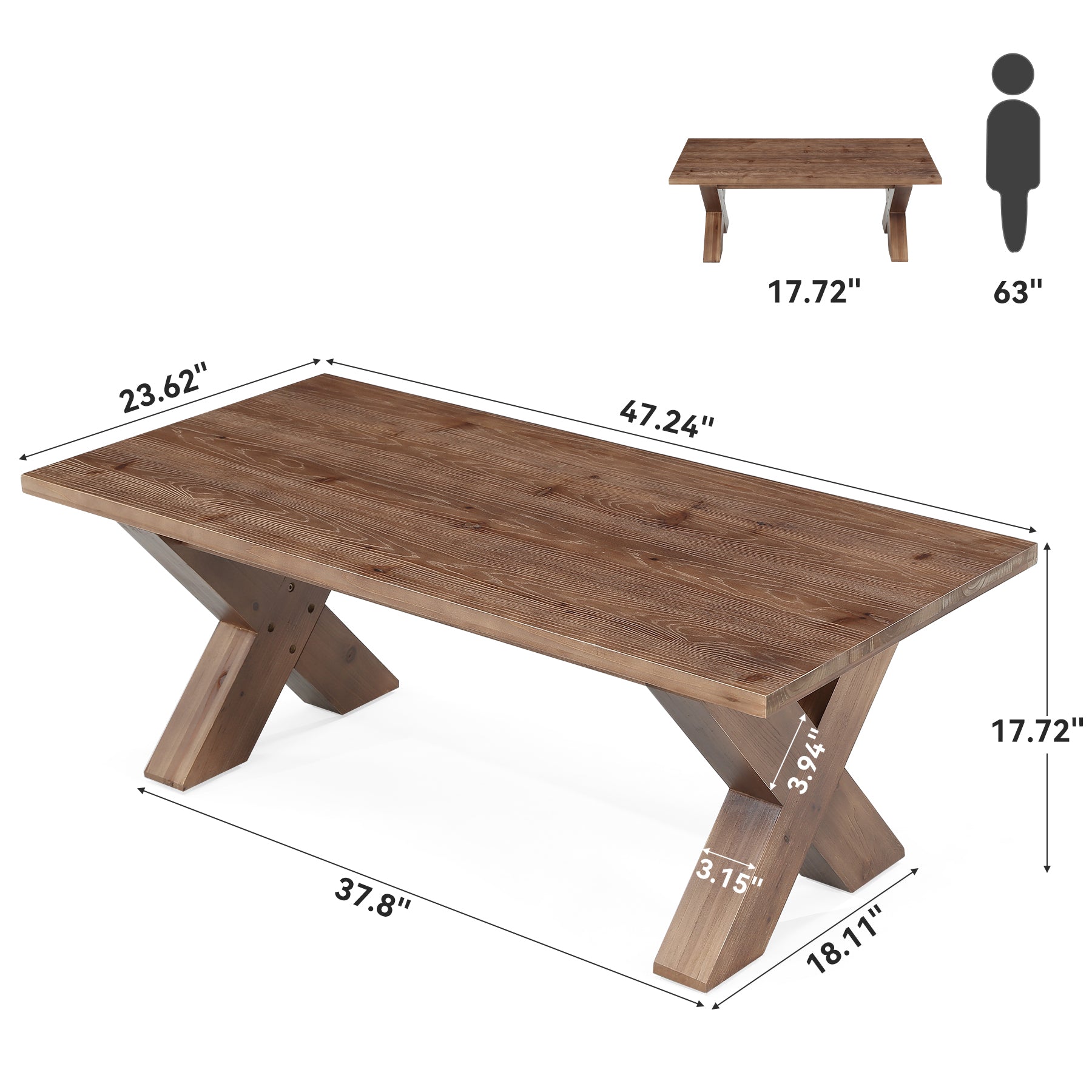 47" Solid Wood Coffee Table, Rectangular Cocktail Tea Table with X-shaped Legs for Living Room