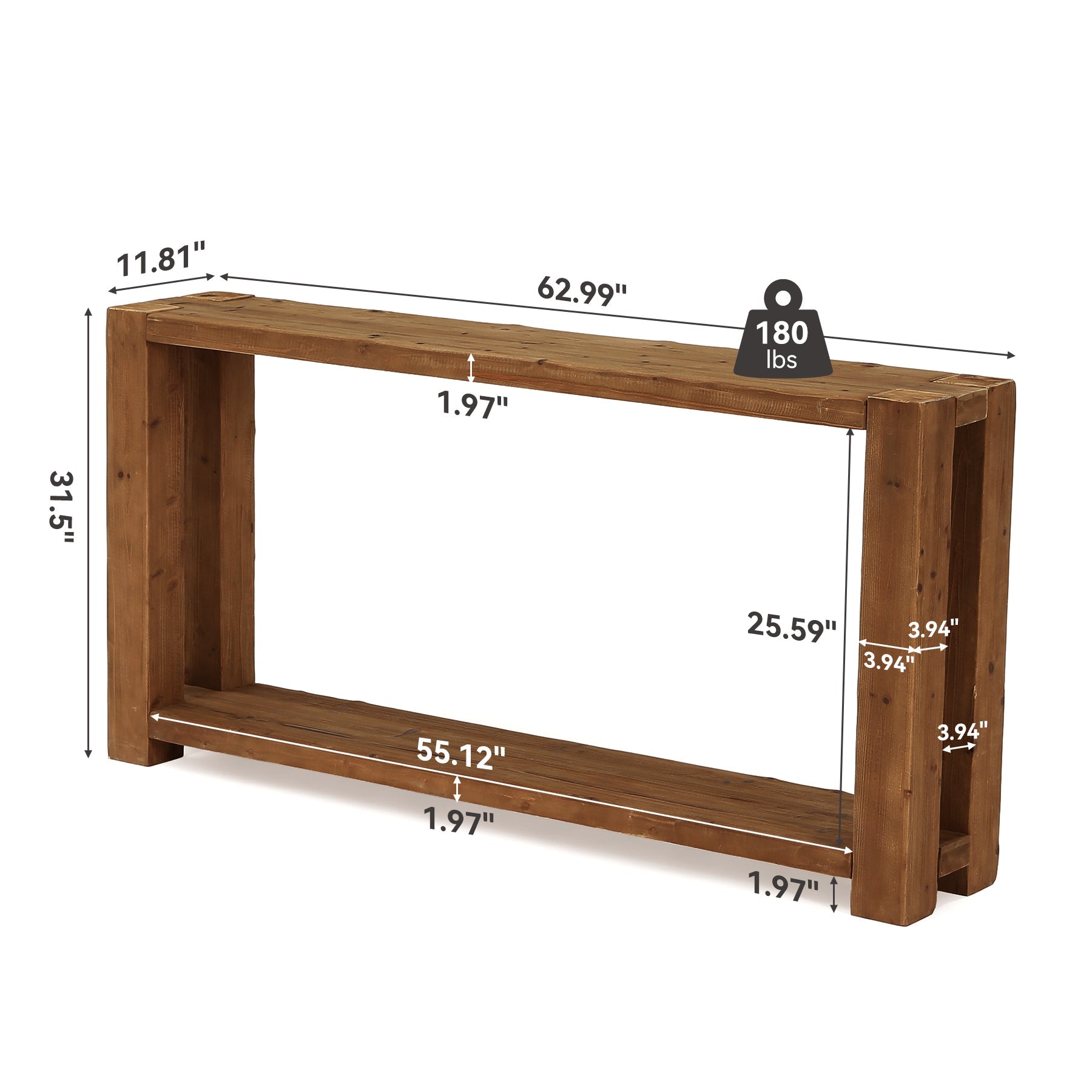 63" Solid Wood Console Table with Storage Shelf, Farmhouse Entryway Sofa Table for Hallway & Living Room