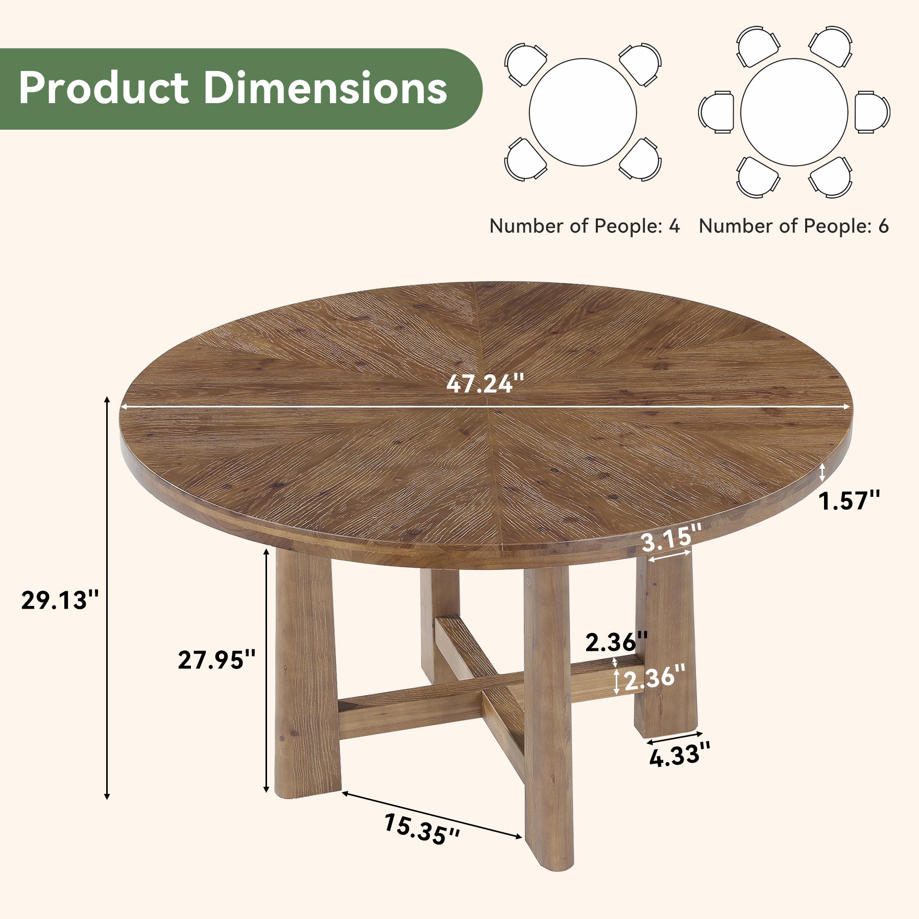 47" Round Conference Table for 4-6, Solid Wood Farmhouse Meeting Room, Home Office