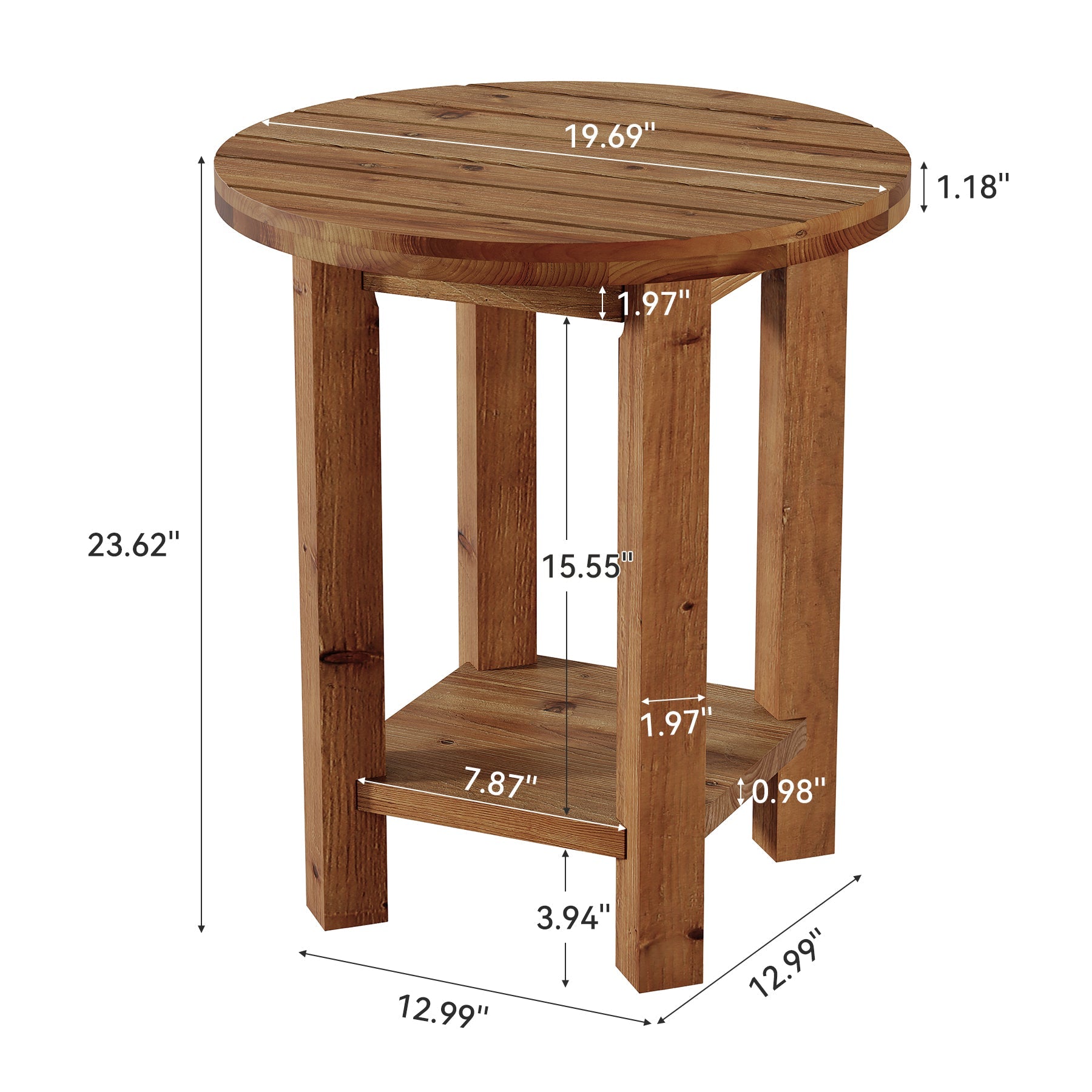 2-Tier End Table, Solid Wood Round Side Table with Grooved Textured Tabletop