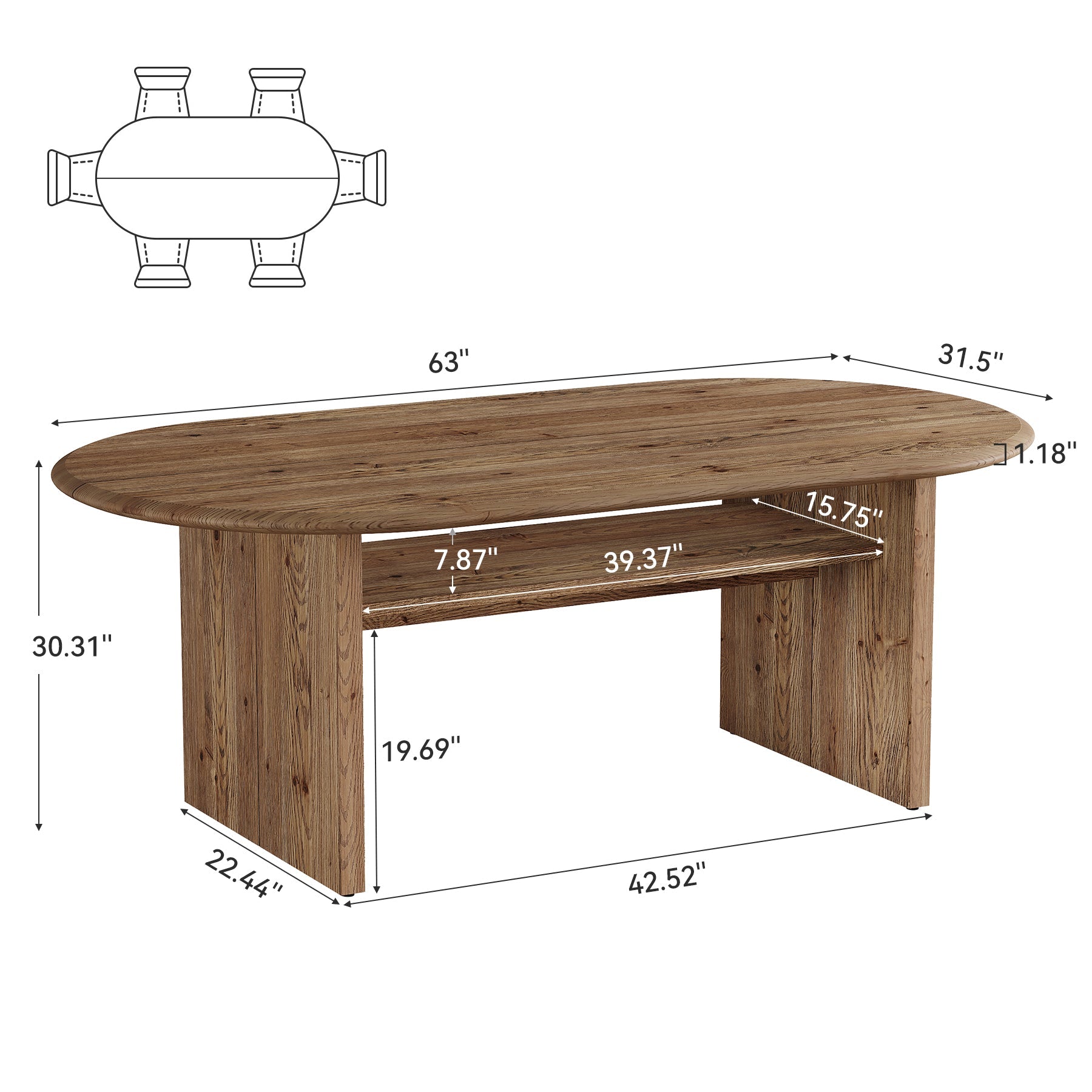 63" Solid Wood Executive Desk, Oval Computer Desk with Storage Shelf for Home Office