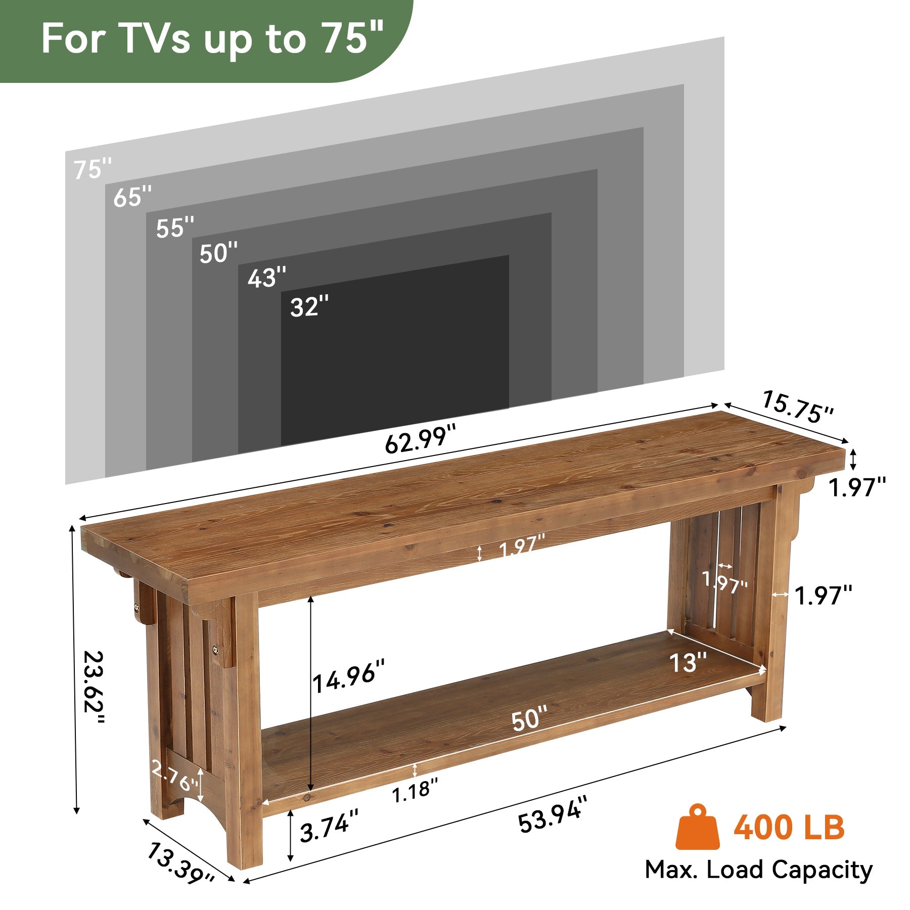 63" Solid Wood TV Stand, Farmhouse Entertainment Center with Storage Shelf for 75" TVs