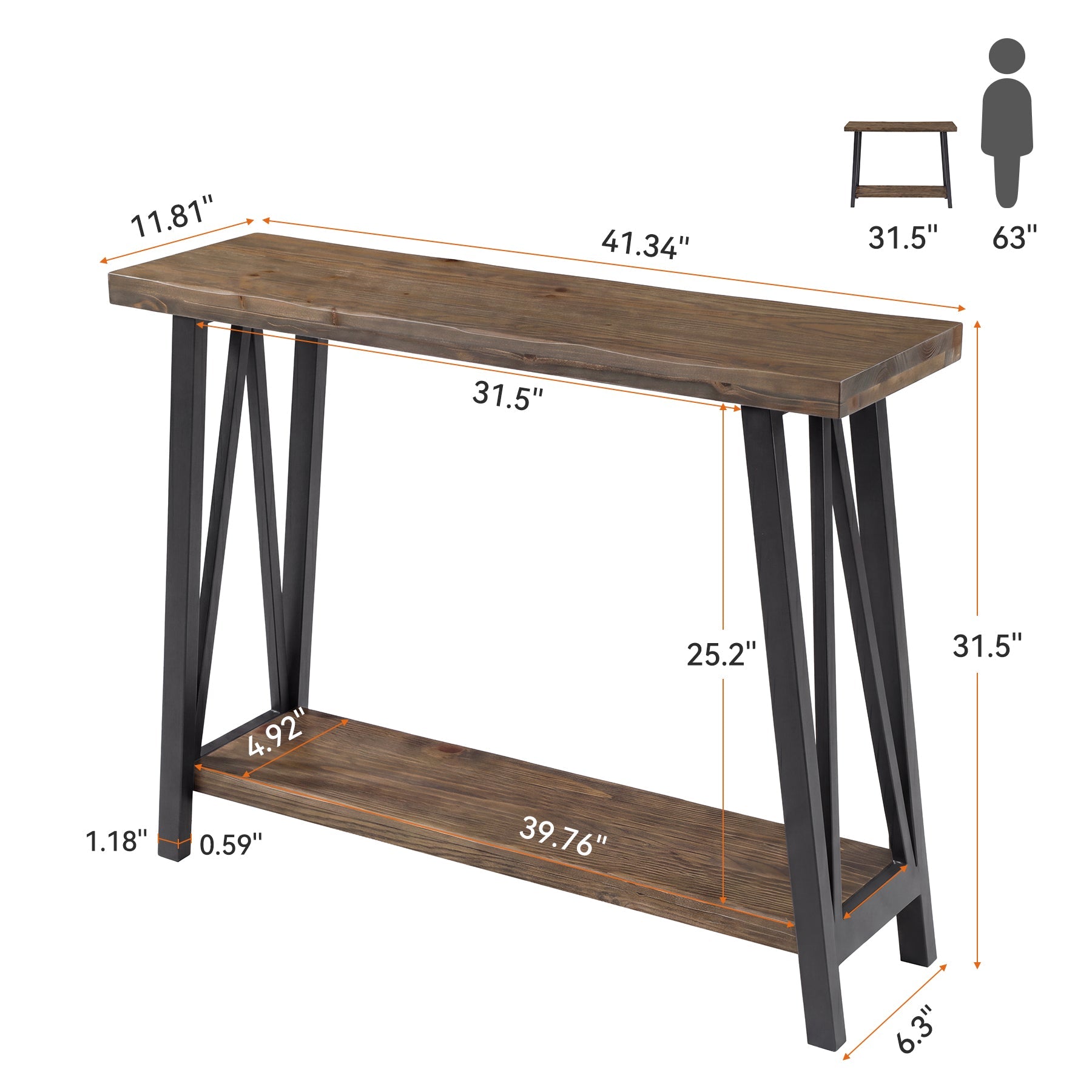 41.3" Live-Edge Solid Wood Console Table, 2-Tier Entryway Table with Metal Frame