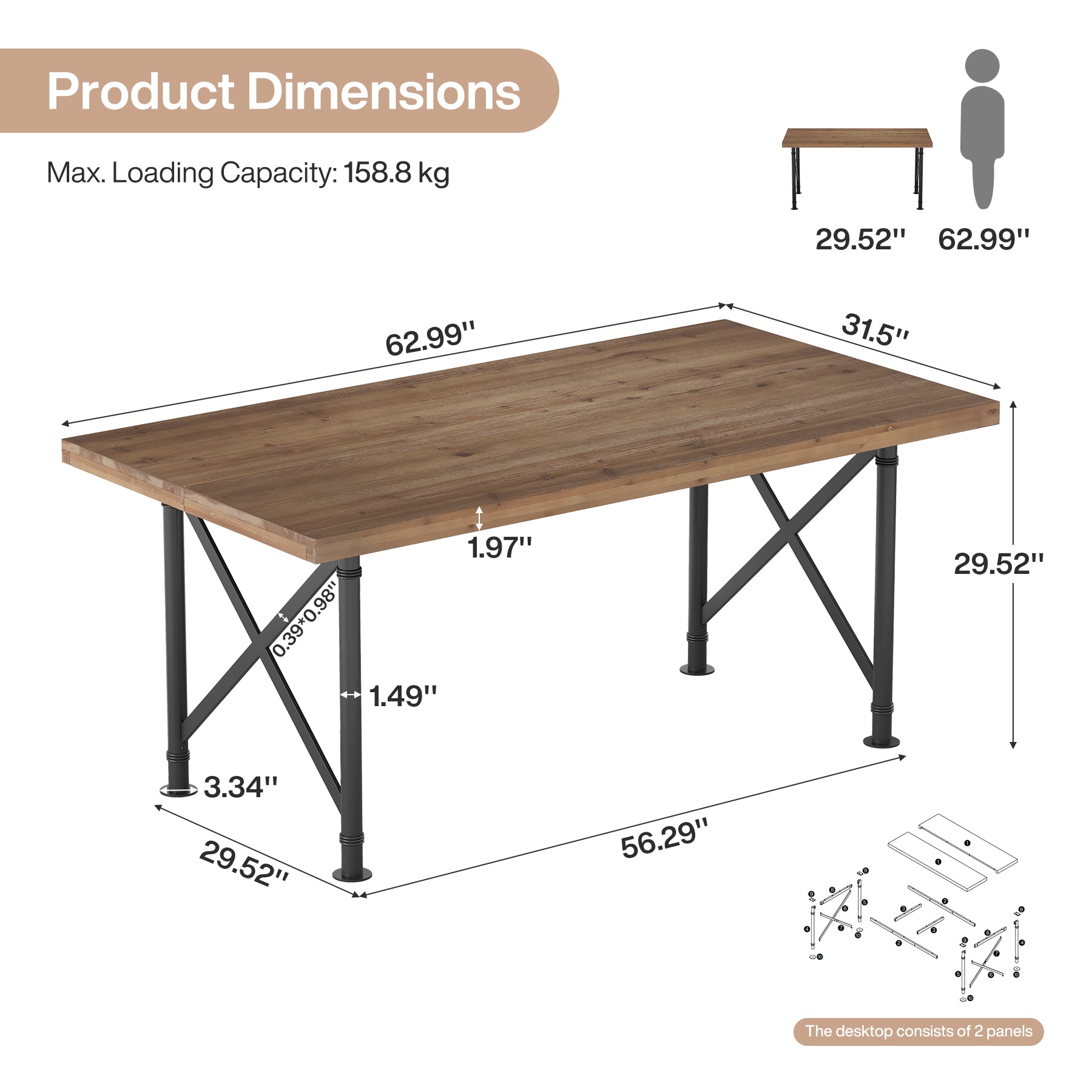 63" Solid Wood Executive Desk, Industrial Home Office Computer Desk