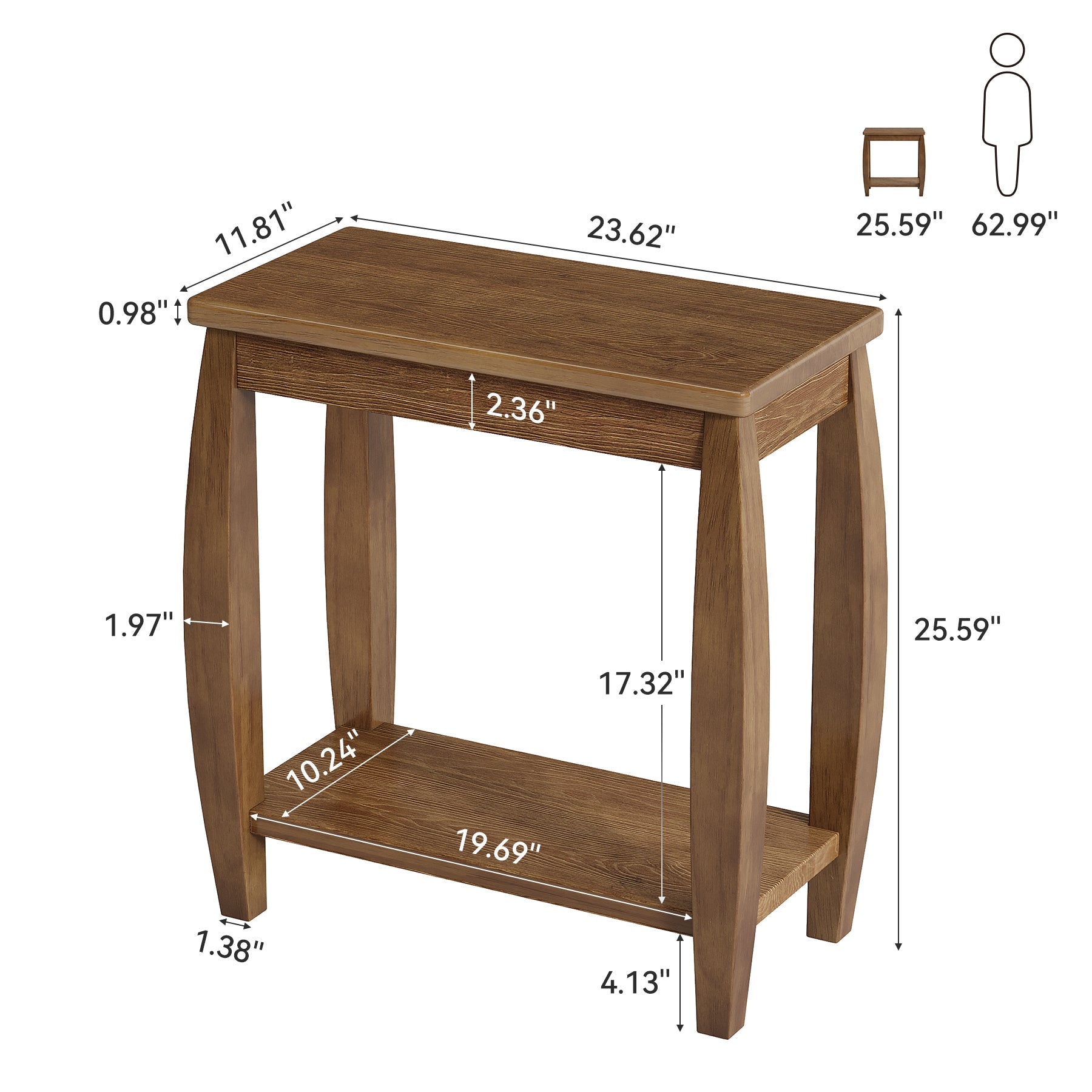 23.62" Solid Wood End Table, 2-Tier Narrow Side Table for Living Room, Small Places