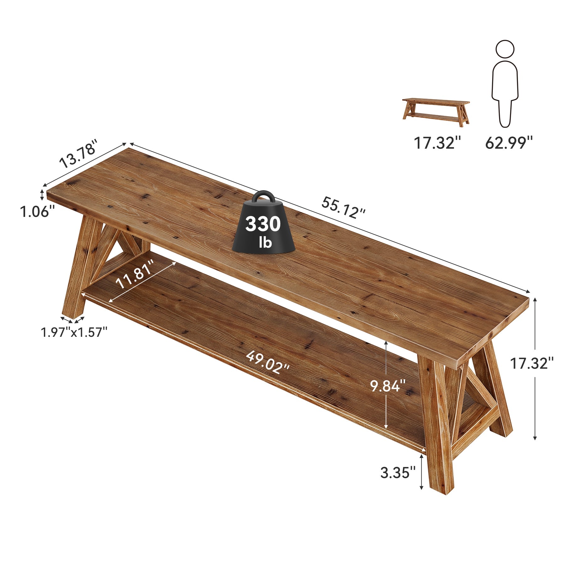 55" Solid Wood Entryway Bench, Farmhouse Shoe Seating with Storage