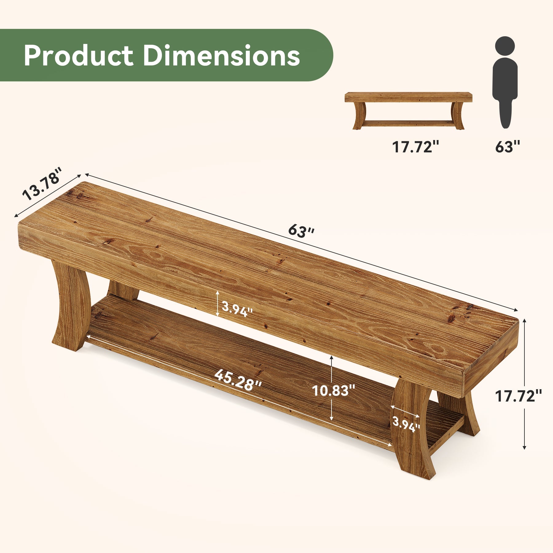 63" Solid Wood Entryway Bench, Narrow Shoe Storage Bench End of Bed Seat for Entryway